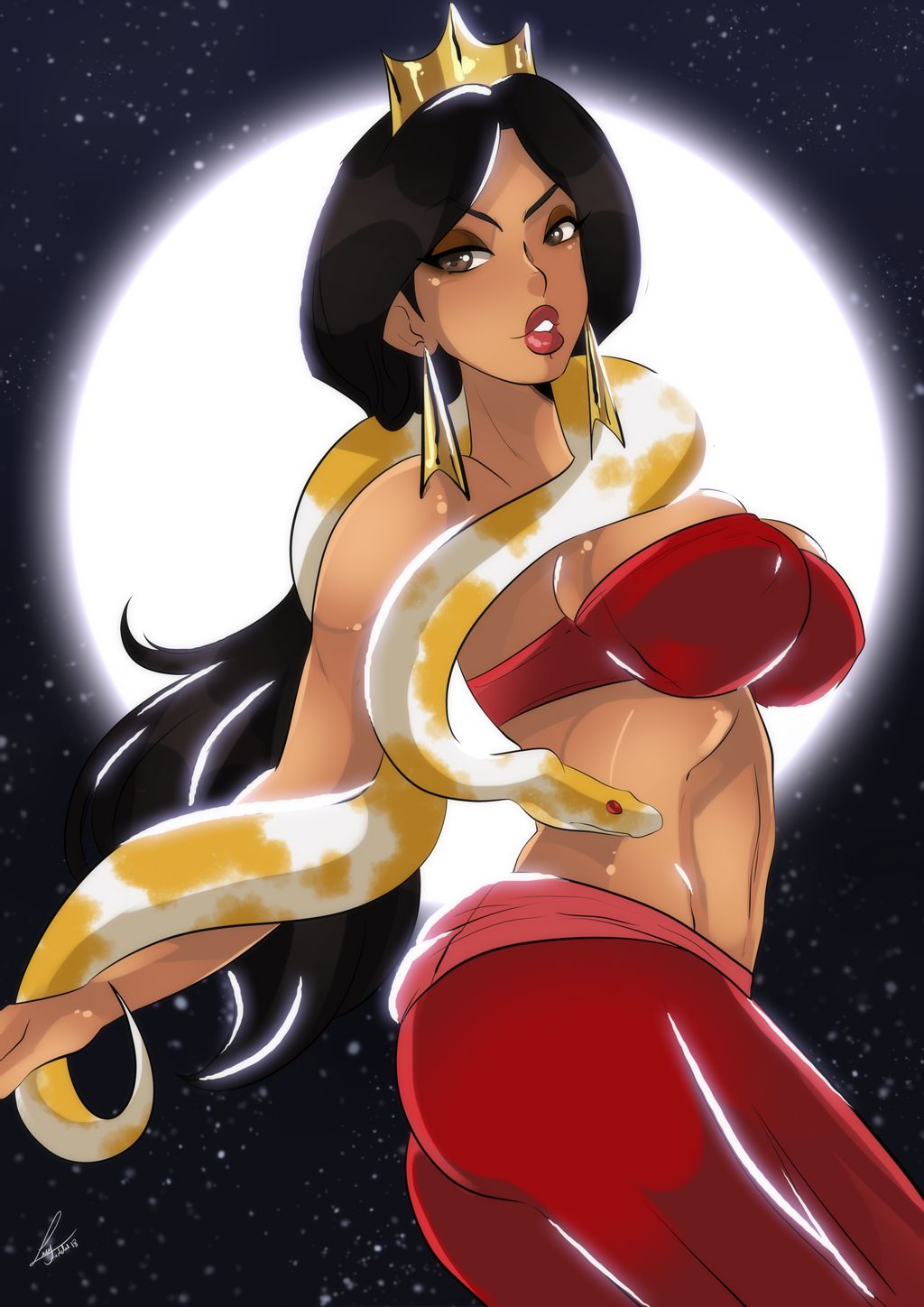 aladdin arabian arabian_clothes ass belly_dancer belly_dancer_outfit black_hair dancer dancer_outfit dancing disney disney_princess earrings enslaved_royal evil_queen_jasmine full_moon harem_girl harem_outfit harem_pants huge_breasts jafar_harem_outfit lufidelis moon navel princess princess_jasmine royalty seductive seductive_smile slave slave_outfit slavegirl snake