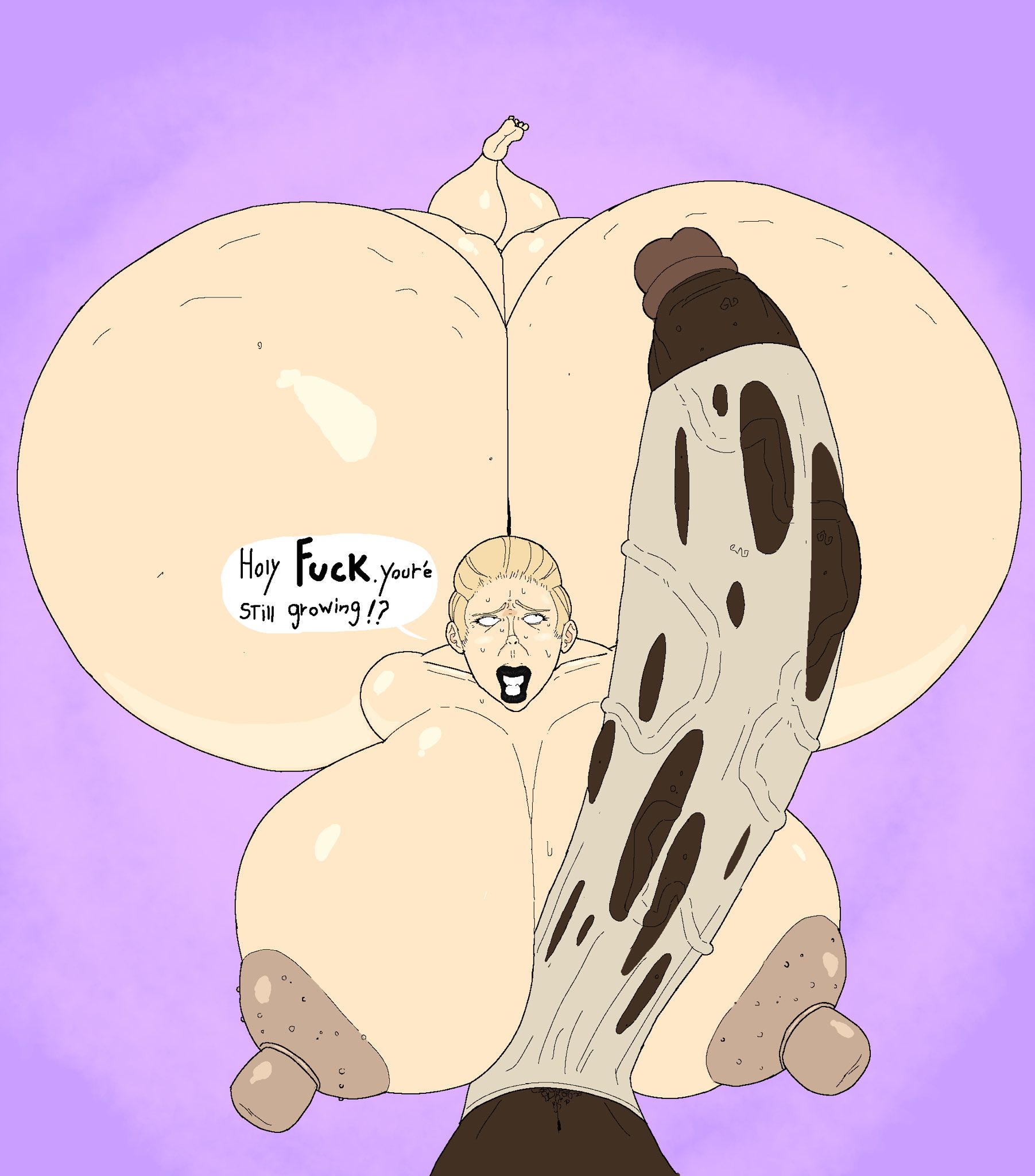 blonde female, blonde hair, blonde-haired female, breasts, breasts out, curvaceous, curvaceous ass, curvaceous female, curvaceous figure, curvaceous thighs, curvy, curvy body, curvy female, curvy figure, curvy hips, dark-skinned male, english text, female, female/male, gilf, glands of montgomery, hyper, hyper ass, hyper breasts, hyper penis, inevitable penis sucking, inevitable sex, interracial, large breasts, male, male/female, massive areolae, massive ass, massive breasts, massive butt, massive penis, massive thighs, milf, naked, naked female, nude, nude female, penis, purple background, ripped clothing, ripped pants, speaking, speech bubble, talking, text, ugly female, varix, voluptuous, voluptuous female