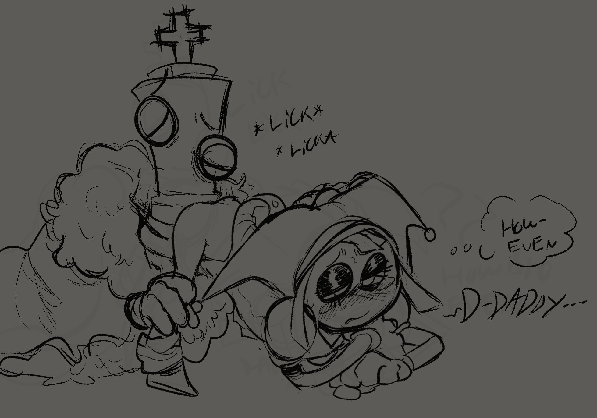 1boy, 1girls, age difference, ass, blush, cunnilingus, daddy, daddy kink, glitch productions, kinger (the amazing digital circus), monochrome, oral, pomni (the amazing digital circus), sketch, straight, the amazing digital circus