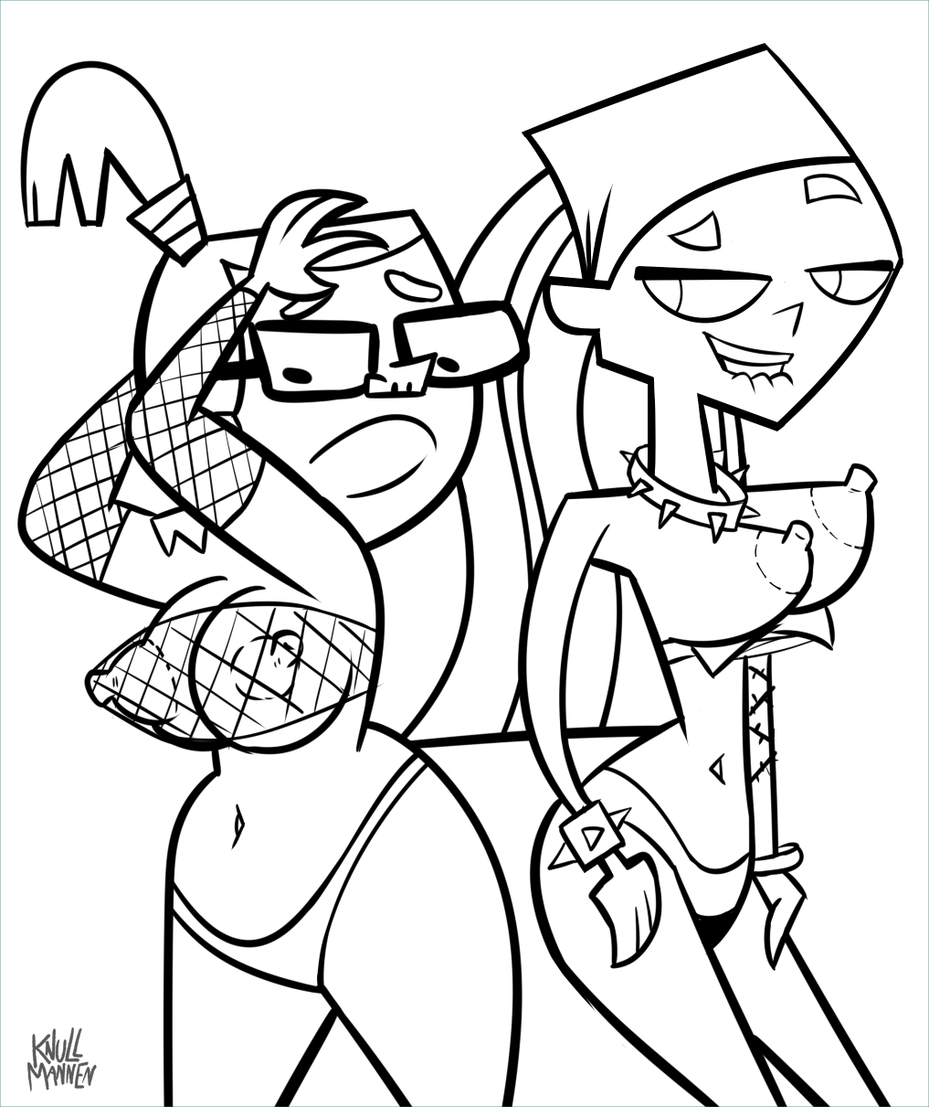 2girls bandana beth_(tdi) biting_lip black_and_white breasts choker collar female female_only fishnets glasses human human_only knullmannen knullmannen_(artist) lindsay_(tdi) line_art lingerie nipples spiked_collar total_drama_island white_background wrist_cuffs