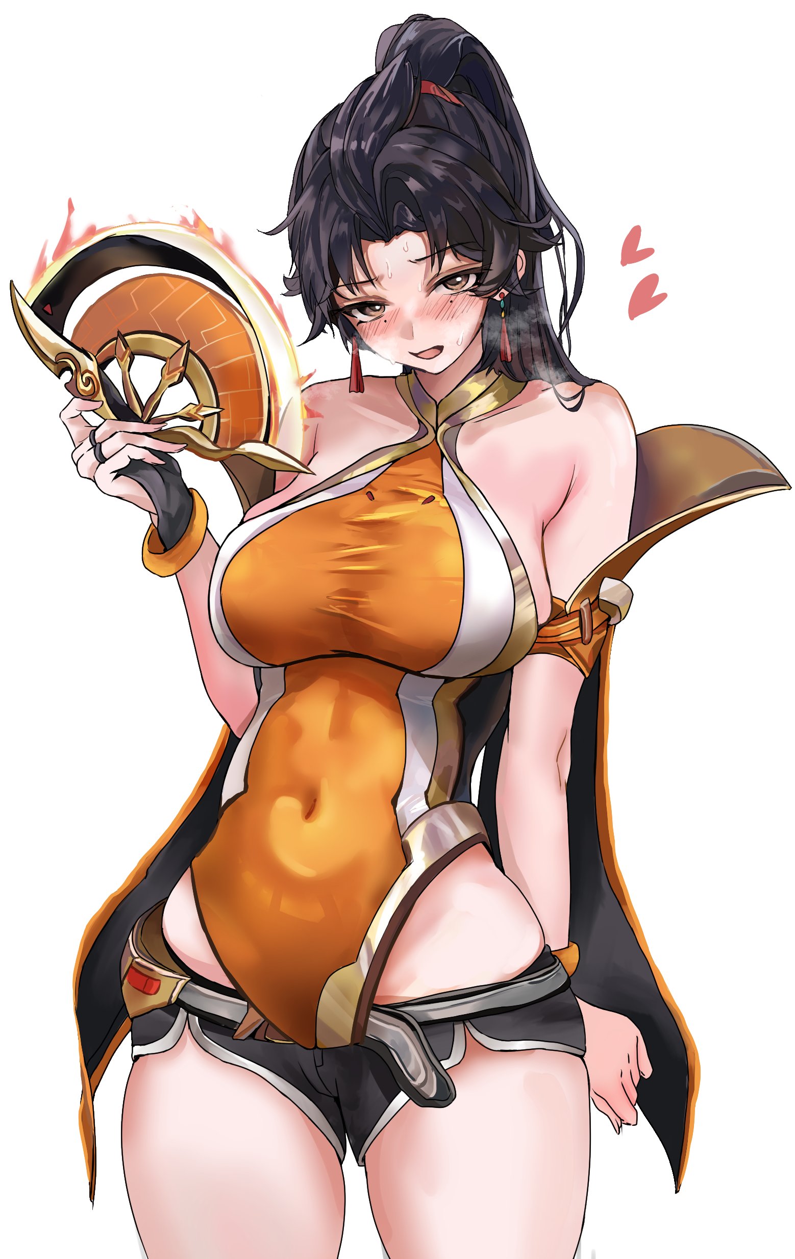1girls, anran, artist request, big breasts, black hair, blush, blushing, blushing at viewer, breasts, exposed shoulders, fan, female, female only, heart symbol, huge breasts, looking at viewer, navel, navel visible through clothes, orange clothing, overwatch, overwatch 2, pixiv, simple background, solo, solo female, sweat, sweating, thick thighs, thighs