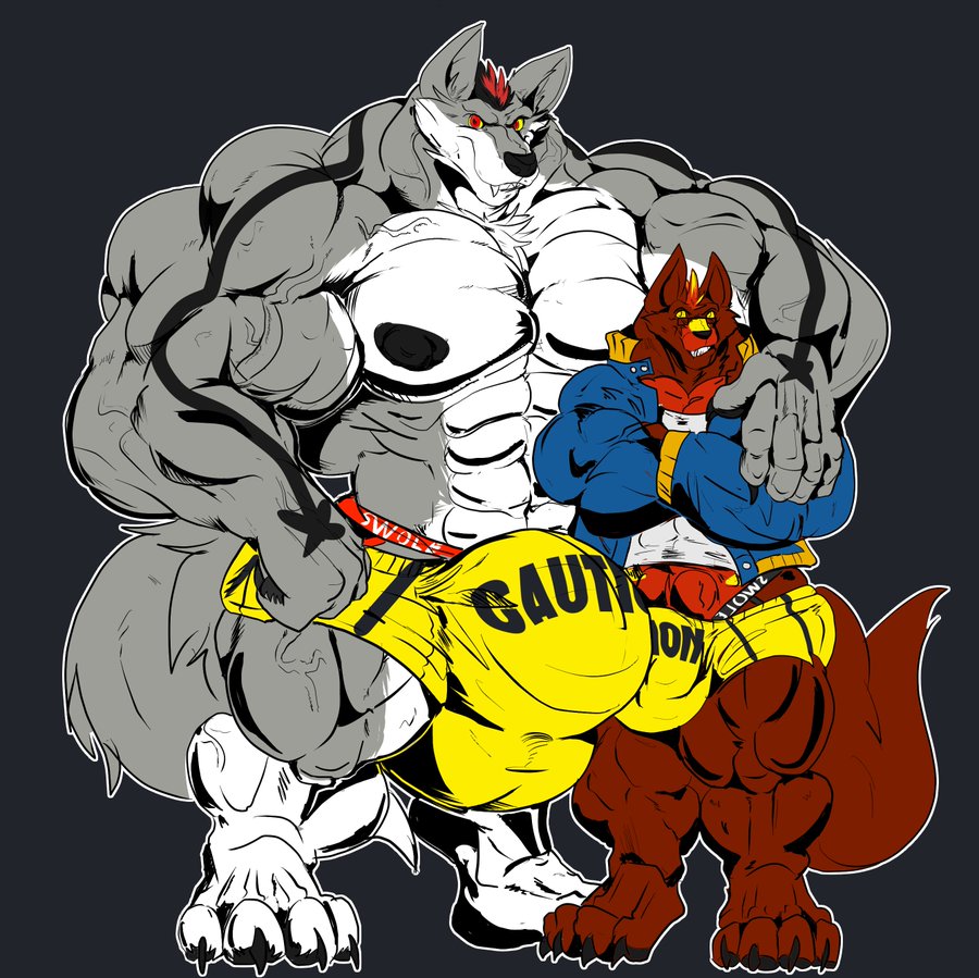 2017 4_toes anthro balls big_balls big_bulge big_muscles big_penis boxers_(clothing) bulge canid canine canis clothing coat crossed_arms duo fierglief fierglief_(character) genitals grey_background grin hug huge_balls huge_bulge huge_cock huge_muscles hyper hyper_balls hyper_bulge hyper_genitalia hyper_muscles hyper_penis looking_at_viewer male male_only mammal muscular nipples penis plantigrade shirt simple_background size_difference smile swaggy toes topwear underwear veiny_muscles wolf