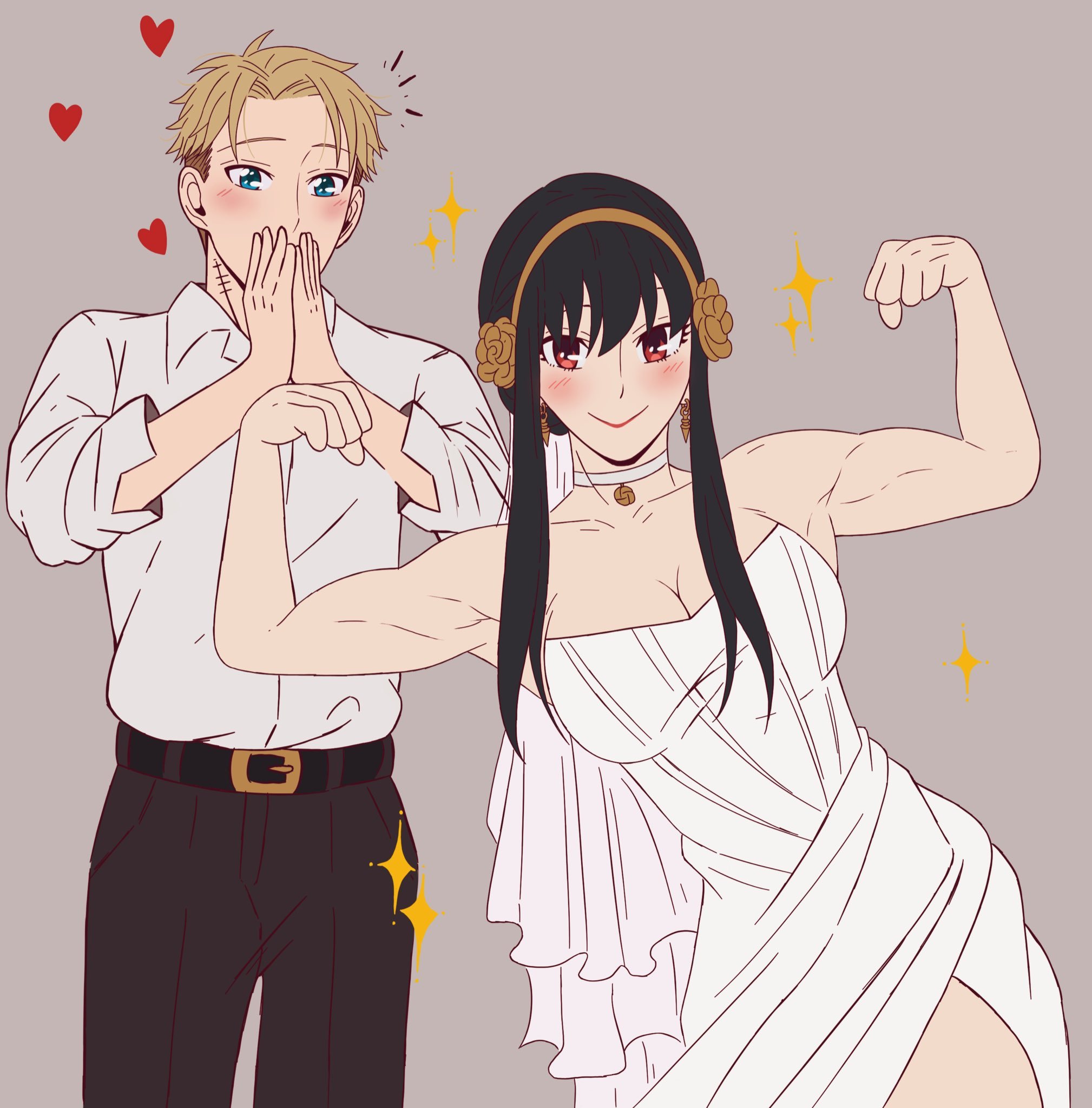1boy, 1girls, alternate muscle size, artist request, assassin, athletic female, bare shoulders, belt, biceps, black hair, blonde hair, blue eyes, blush, breasts, bridal veil, bride, choker, cleavage, clothing, dress, earrings, female, fit female, flexing, groom, hairband, human, human female, husband and wife, jewelry, large breasts, light-skinned female, loid forger, long hair, looking at viewer, male, muscular, muscular female, pokianne, red eyes, shirt, short hair, slim waist, smile, sparkle, spy x family, straight, thorn princess, veil, wedding, wedding dress, white choker, white dress, white shirt, wholesome, yor briar, yor forger