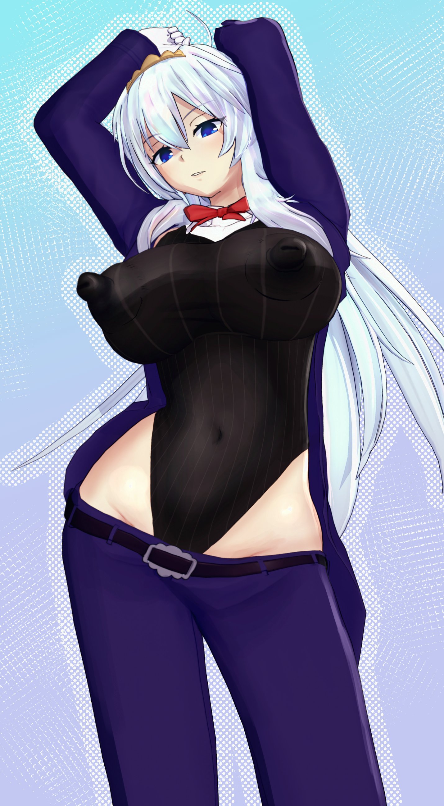 1girls, ahoge, erect nipples, fully clothed, looking at viewer, mirabeau studios, mirabelle (mirabeau studios), pinup, sickky, white hair