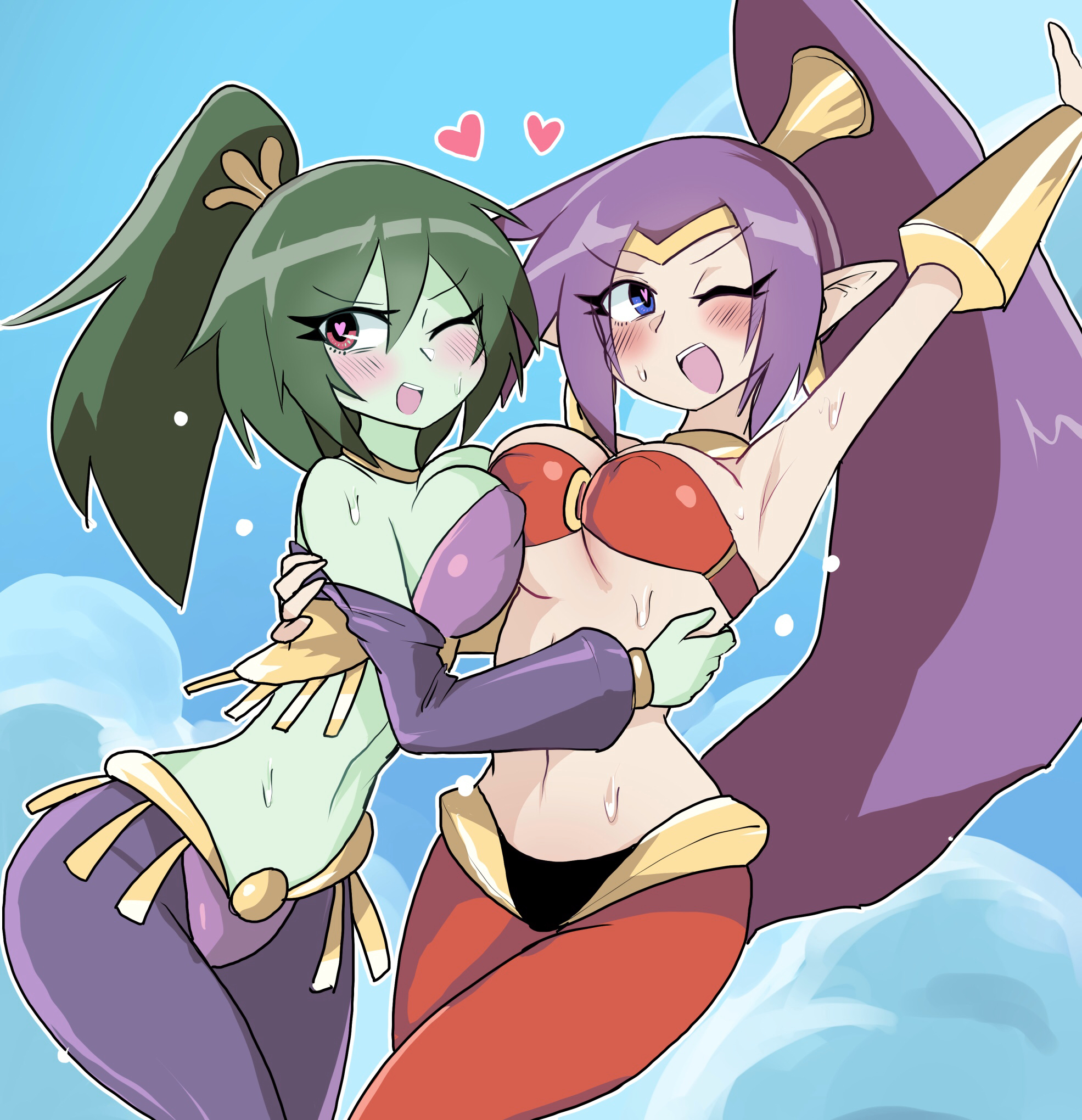 2020, 2girls, absurd res, alternate skin color, arm up, armlet, armpits, bare shoulders, blue eyes, blush, breast squish, breasts, cleavage, clothing, detached sleeves, earrings, eyebrows visible through hair, eyes visible through hair, female, female only, fillin the blank, flying sweatdrops, green hair, green skin, hand on waist, heart, heart-shaped pupils, highres, hoop earrings, hug, large breasts, long ears, long hair, long ponytail, multiple females, multiple girls, navel, nipple bulge, o-ring, o-ring top, one eye closed, open mouth, outdoors, pants, pointy ears, ponytail, purple hair, red eyes, rottytops, shantae, shantae (character), sky, smile, smooth skin, standing, sweat, sweatdrop, teeth, thick thighs, thighs, tiara, tied hair, tongue, very long hair, white-stew, wink, zombie, zombie girl