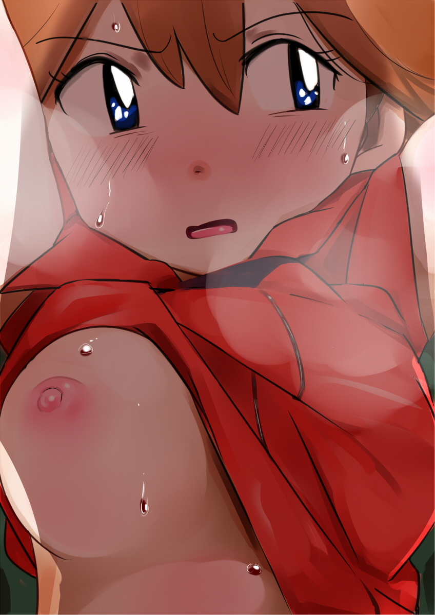 1girls, areolae, blue eyes, blush, breasts, brown hair, female, heavy breathing, heppushu, human, large breasts, may (pokemon), nintendo, nipples, one breast out, pokemon, pokemon rse, shirt lift, sweat