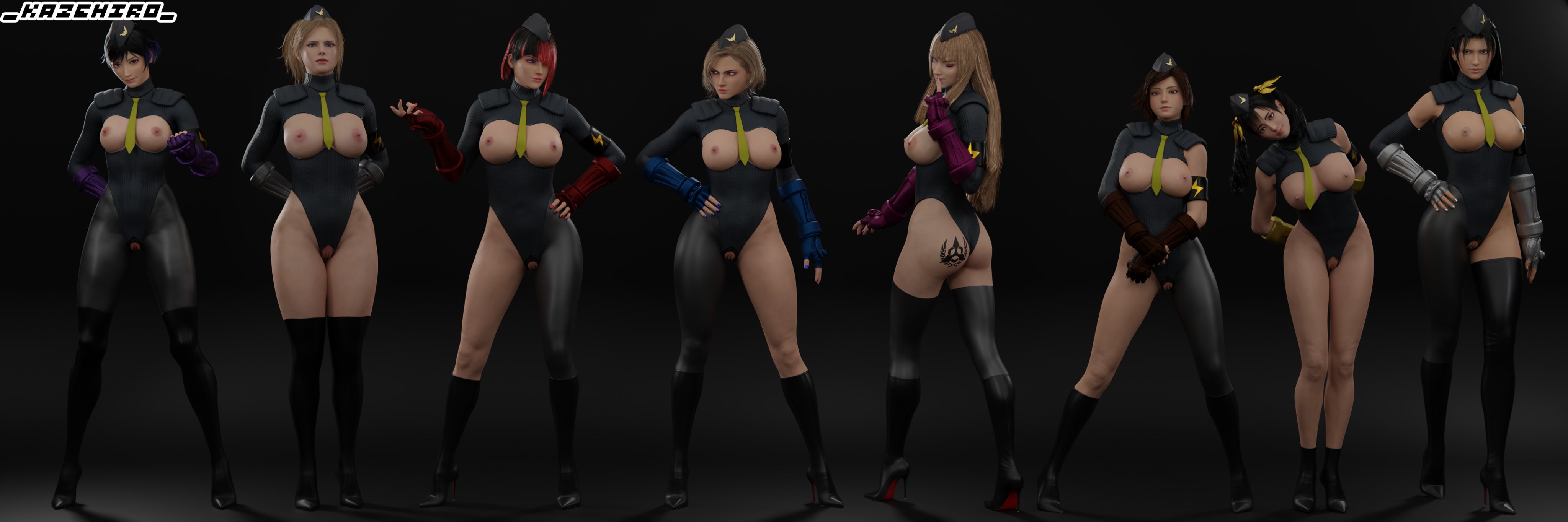 3d, anna williams, ass, asuka kazama, black hair, black legwear, blender (software), blonde hair, blue eyes, breasts, breasts cutout, brown hair, cutout, emilie de rochefort, gloves, high heels, jun kazama, kazama asuka, kazama jun, kazehiro, large breasts, lidia sobieska, ling xiaoyu, long hair, looking at viewer, military uniform, multiple girls, nina williams, presenting, pussy cutout, red hair, reina mishima, shadaloo dolls, sisters, standing, tattoo on butt, tekken, tekken 8, thighhighs, two-tone hair