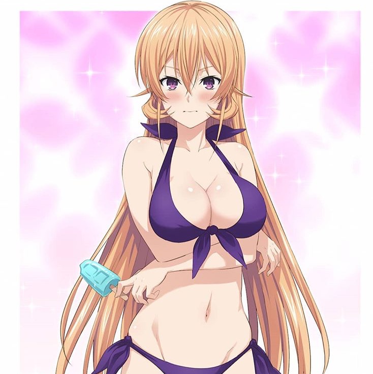 1girls, alluring, big breasts, bikini, blonde hair, blonde-haired female, breasts, female, nakiri erina, popsicle, purple eyes, shokugeki no souma