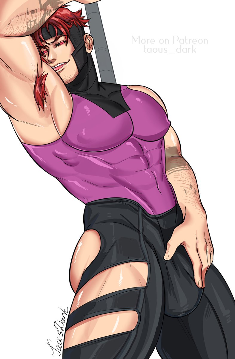 abs, armpit hair, bara, big pecs, bulge, gambit, gambit (marvel rivals), hairy armpits, male, male only, marvel, marvel rivals, muscular, muscular male, nipple bulge, nipples, red hair, solo, taous dark