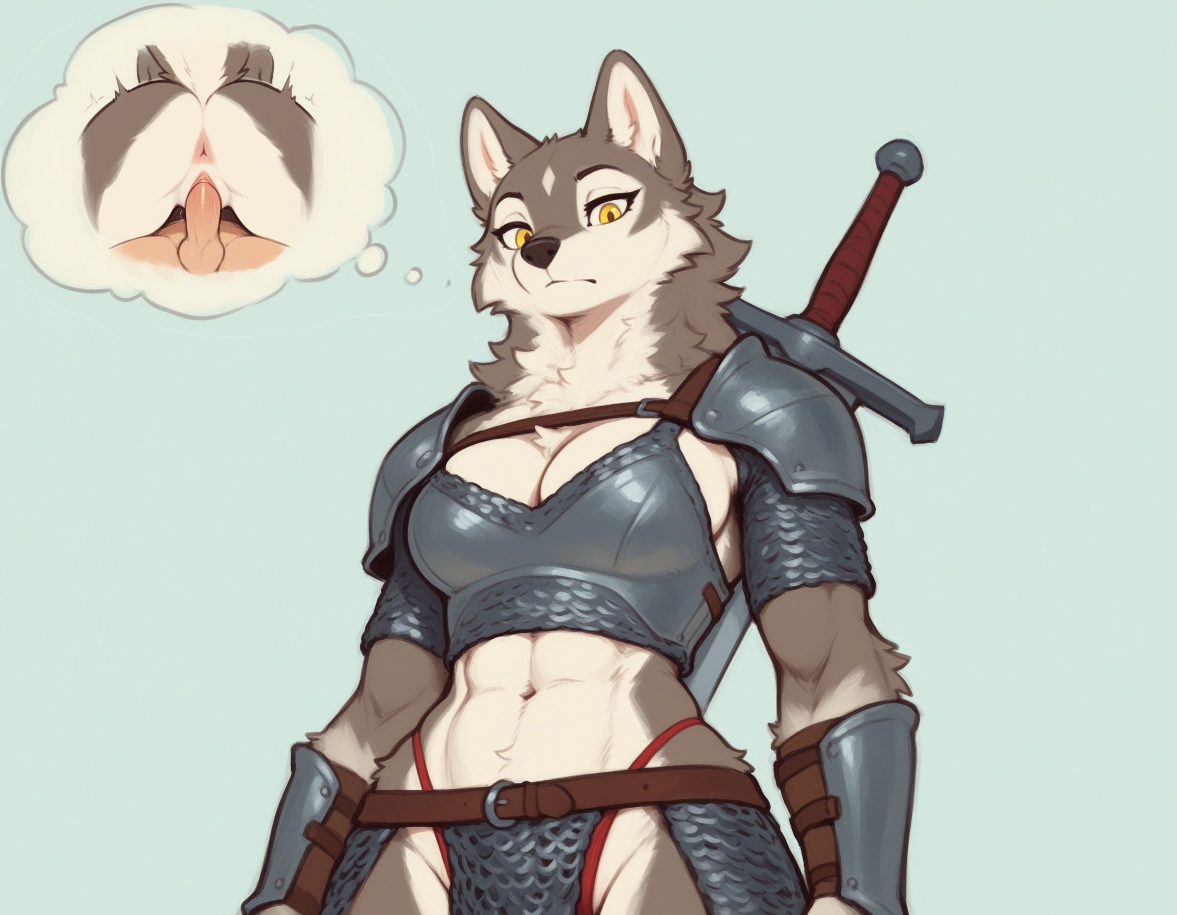 1girls, abs, ai generated, anthro, anthro penetrated, anus, armor, ass, black nose, breasts, canid, canine, canis, daydream, duo, ears, female, fur, furry, grey body, grey fur, hi res, human, human on anthro, human penetrating, human penetrating anthro, inner ear fluff, interspecies, leather straps, light-skinned male, looking at viewer, looking down at viewer, male, male/female, mammal, melee weapon, metal armor, navel, pale skin, penetration, penile, penile penetration, penis, penis in pussy, pussy, sex, simple background, sword, thought bubble, tuft, two-tone body, two-tone fur, unconvincing armor, vaginal penetration, weapon, white body, white fur, wolf, wolf girl, yellow eyes