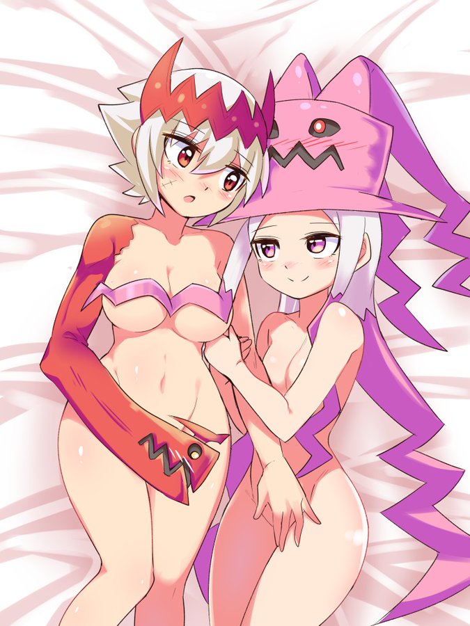 2girls blush convenient_censoring cougar1404 dragon dragon_marked_for_death empress_(dmfd) hair_ornament happy horns hug inti_creates large_breasts long_hair looking_at_another looking_at_partner love nude petite pink_eyes pink_highlights red_eyes scar short_hair small_breasts smile two_tone_hair white_hair witch_(dmfd) witch_hat yuri