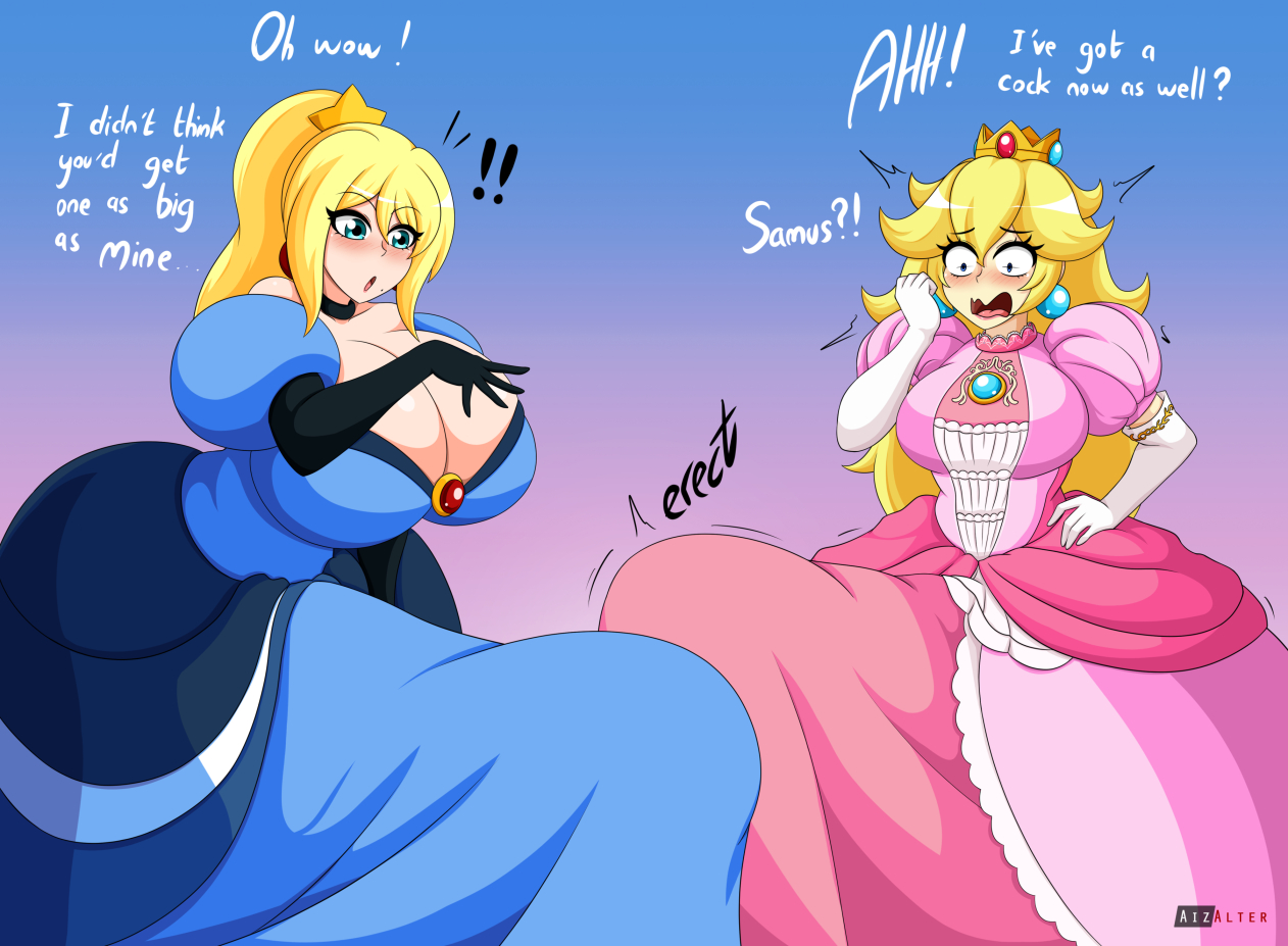 2futas, aizalter, alternate version available, big breasts, big penis, breasts, breasts bigger than head, bulge, clothed, clothing, crossover, dialogue, duo, english text, erect penis, erection, fully clothed, futa only, futanari, huge breasts, huge bulge, huge cock, human, hyper, hyper penis, intersex, light skin, light-skinned futa, mario (series), metroid, penis, penis under clothes, penis under skirt, princess peach, princess samus, samus aran, standing, tagme, tenting, text, wide hips