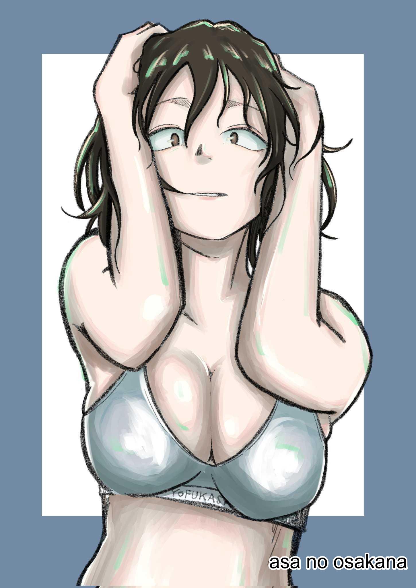 1girls, 2d, 2d (artwork), 2d artwork, arm up, arms up, asa no osakana, asai akira, bare arms, bare belly, bare chest, bare hands, bare midriff, bare shoulders, bare skin, belly, belly button, big breasts, bra, breasts, brown eyebrows, brown eyes, brown hair, brown-eyed female, brown-haired female, busty, busty female, busty girl, busty teen, cleavage, collarbone, digital, digital art, digital drawing, digital drawing (artwork), digital media, digital media (artwork), elbows, exposed arms, exposed belly, exposed chest, exposed midriff, exposed shoulders, exposed skin, female, female focus, female only, grey bra, grey underwear, half naked, half nude, hand up, hands up, high resolution, high school student, highres, large boobs, large breasts, lean figure, looking at viewer, midriff, naked, naked female, naked woman, narrow waist, navel, nude, nude female, nudity, school girl, semi nude, short hair, shoulders, simple background, slender body, slender waist, slim waist, solo, standing, teen girl, teenage girl, teenage tits, teenager, underwear, underwear only, upper body, white background, yofukashi no uta, young female, young woman