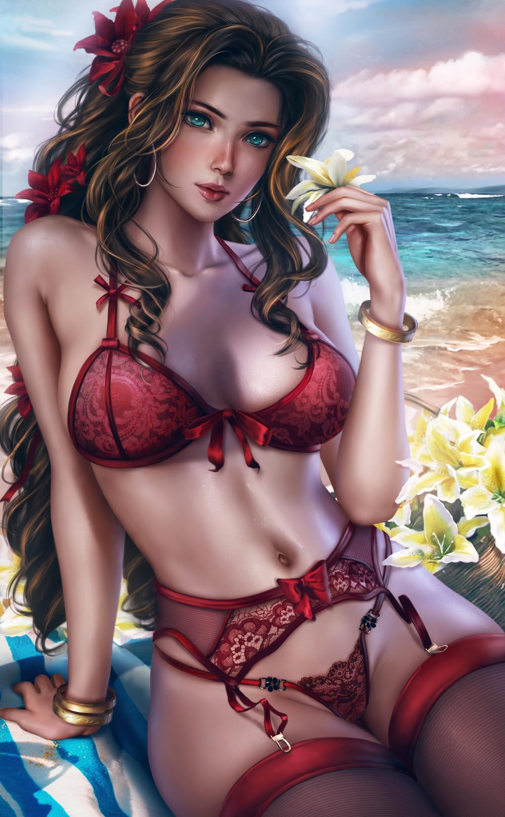 aerith gainsborough, bedroom eyes, big breasts, bra, breasts, brown hair, female, female only, final fantasy, final fantasy vii, final fantasy vii remake, flower, flower in hair, g-string, garter belt, garter straps, green eyes, higher resolution available, large breasts, lingerie, logan cure, long hair, red lingerie, red stockings, seductive, small panties, smile, solo, solo female, solo focus, square enix, stockings