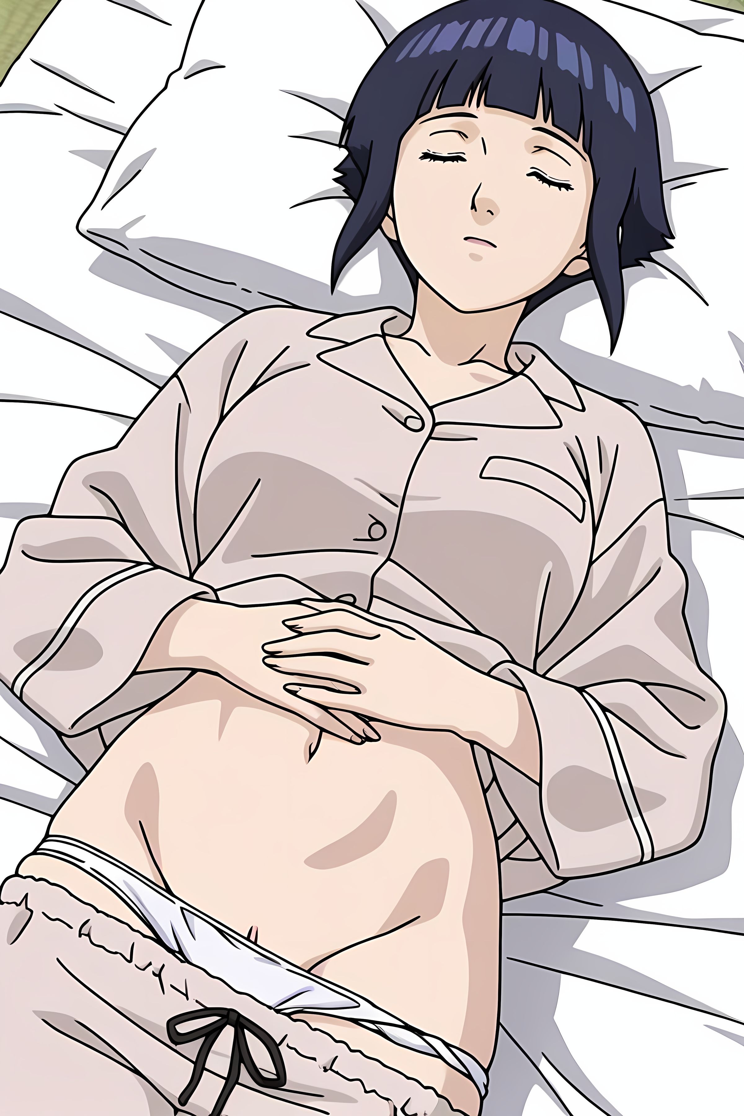 ai generated, asleep, black hair, clit, closed eyes, hyuuga hinata, hyuuga hinata (genin), laying on back, laying on bed, naruto (series), pajamas, panties, pulled down pants, pulled up shirt, pulling down panties, pulling down pants, pussy, pussy peek, shaved pussy, short hair, sleeping, stomach, teenage female, teenage girl, teenager, white bed, white panties