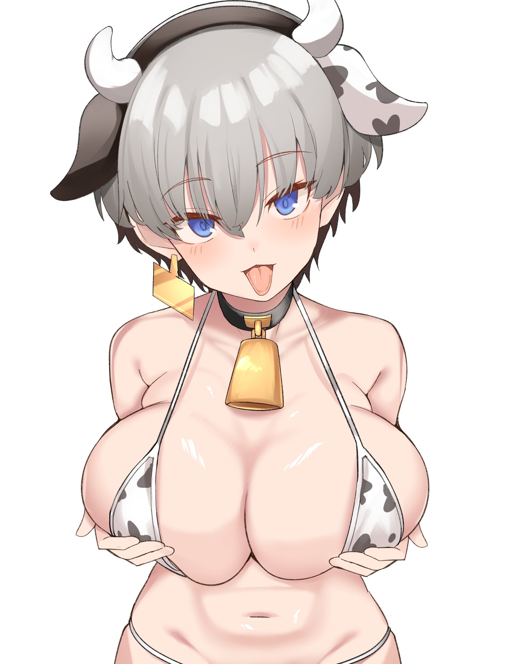 1girls, bare belly, bare midriff, bare navel, belly button, bewitching thighs, big breasts, black choker, black collar, blue eyes, blue-eyed female, blush, blush face, blushing at viewer, blushing female, blushing lines, boob grab, breast grab, breast hold, breast lift, breast squeeze, breasts, busty, busty female, busty girl, caressing breasts, child bearing hips, choker, cleavage, collar, collarbone, cow bell, cow print, cow print bikini, cow print micro bikini, cow print sling bikini, cow print swimsuit, cowprint, cowprint bikini, cowprint swimsuit, digital media, digital media (artwork), double breast grab, eyebrows visible through hair, female, female only, gogoborunga, grabbing breast, grabbing breasts, grabbing own breast, grabbing own breasts, grabbing tits, grey eyebrows, grey hair, grey-haired female, groping own breasts, groping self, hair between eyes, hairband, hand on breast, hand on chest, hand on own breast, hand on own chest, hands on breasts, hands on chest, hands on own breasts, hands on own chest, high resolution, highres, horns, huge boobs, huge breasts, inguinal crease, inguinal ligament, large boobs, large breasts, lean figure, looking at viewer, mature, mature female, midriff, narrow waist, navel, open mouth, open mouth smile, parted lips, plump breasts, pushing breasts together, pushing breasts up, self fondle, self grope, shiny belly, shiny breasts, shiny hair, shiny skin, short hair, shoulders, simple background, slender body, slender waist, slim waist, small but busty, solo, squeezing breast, squeezing breasts, squeezing breasts together, squeezing own breasts, standing, tongue, tongue out, upper body, uzaki hana, uzaki-chan wa asobitai!, white background, wide hips