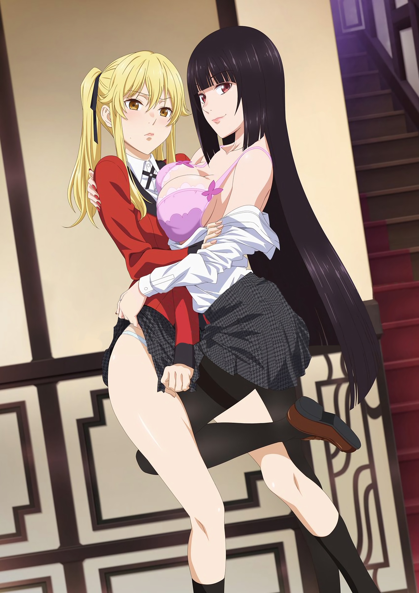 2girls, black hair, black legwear, bra, breast press, breasts, cleavage, female, hi res, hime cut, jabami yumeko, kakegurui, large breasts, leg between thighs, lips, multiple females, multiple girls, off shoulder, official art, pink bra, saotome mary, school uniform, skirt, skirt lift, twintails, underwear, yuri