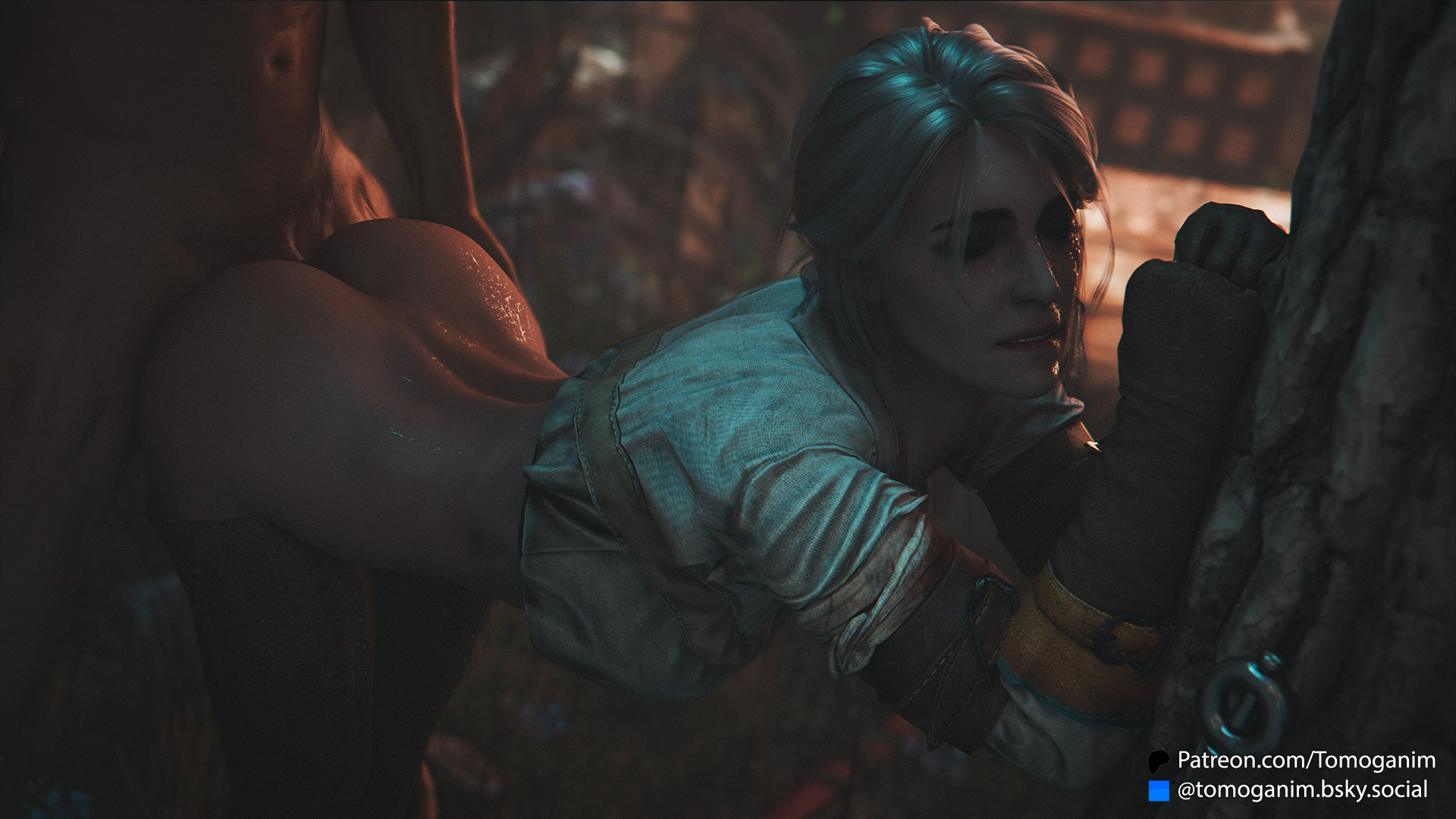 1boy, 1girls, 3d, ass, ass focus, bottomless, brown gloves, butt focus, ciri, doggy style, gloves, light skin, light-skinned female, light-skinned male, looking pleasured, the witcher (series), the witcher 3: wild hunt, tomoganim, vaginal penetration, vaginal sex