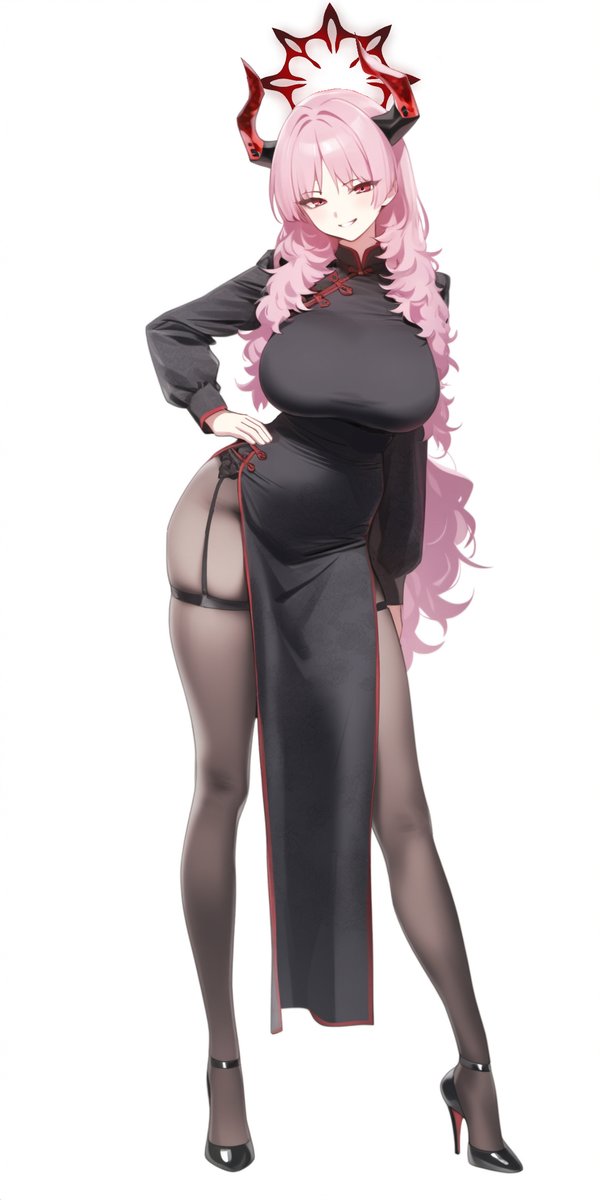 1girls, artist request, big breasts, blue archive, cheongsam, female, female only, garter belt, gehenna academy student, halo, high heels, horns, pink hair, qipao, satsuki (blue archive), stockings