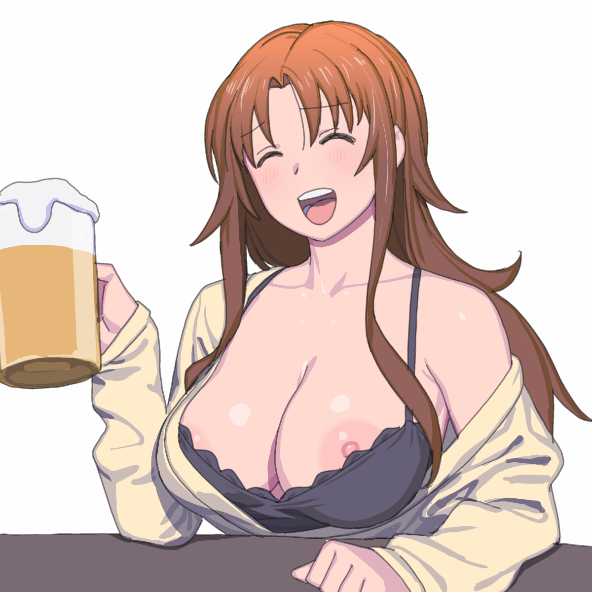 1girls, accidental exposure, beer mug, blush, breasts, brown hair, cleavage, cup, female, highres, large breasts, long hair, mug, nipple slip, nipples, off shoulder, one breast out, onsen tamago (hs egg), open mouth, orange hair, solo, takanashi kozue, unaware, wardrobe malfunction, white background, working!!
