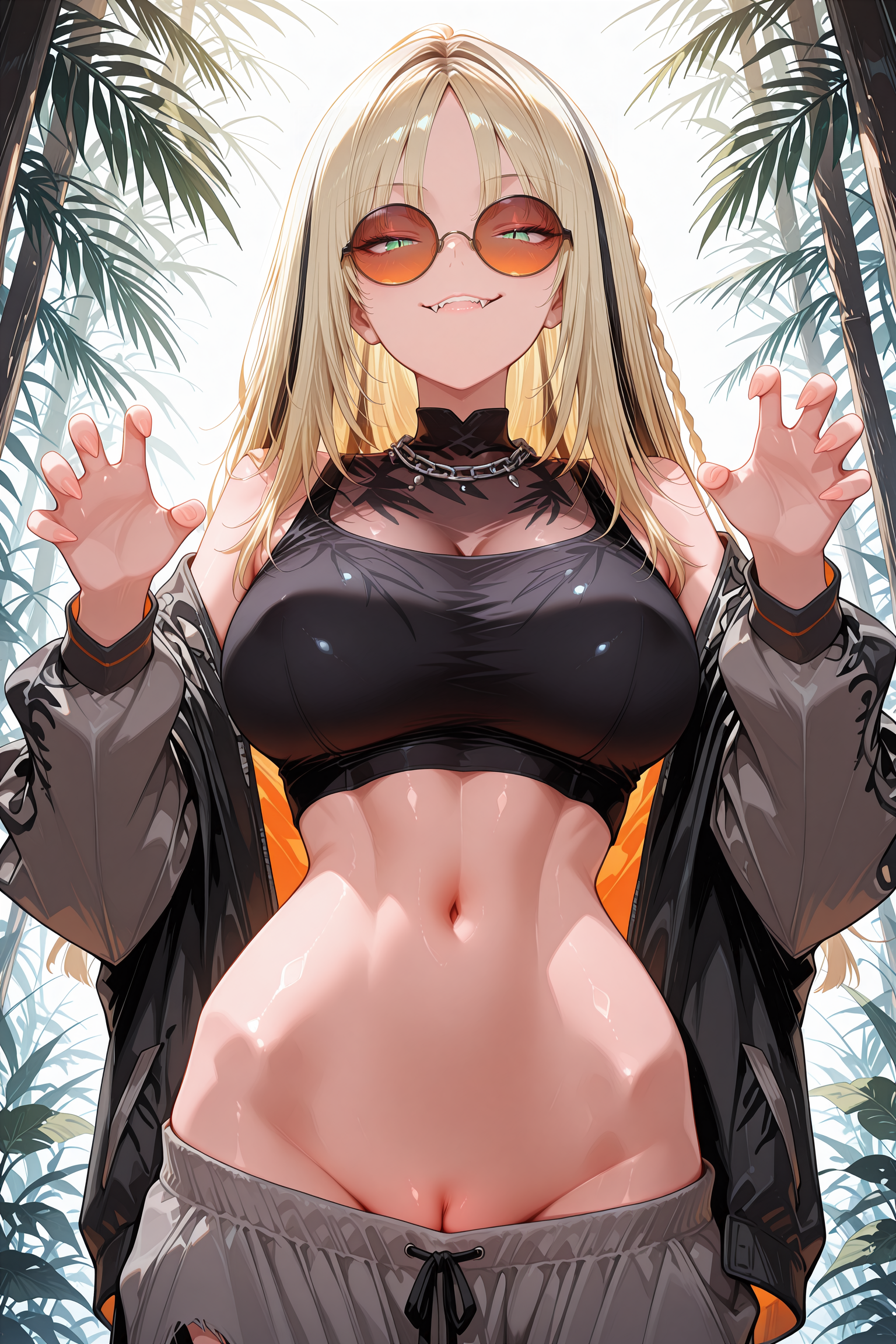 ai generated, arbitrary, claw pose, fangs, hololive, hololive dev is, hololive flow glow, jungle, koganei niko, large breasts, pants down, pussy, sunglasses, tinted eyewear, toned female, toned stomach, virtual youtuber, vtuber