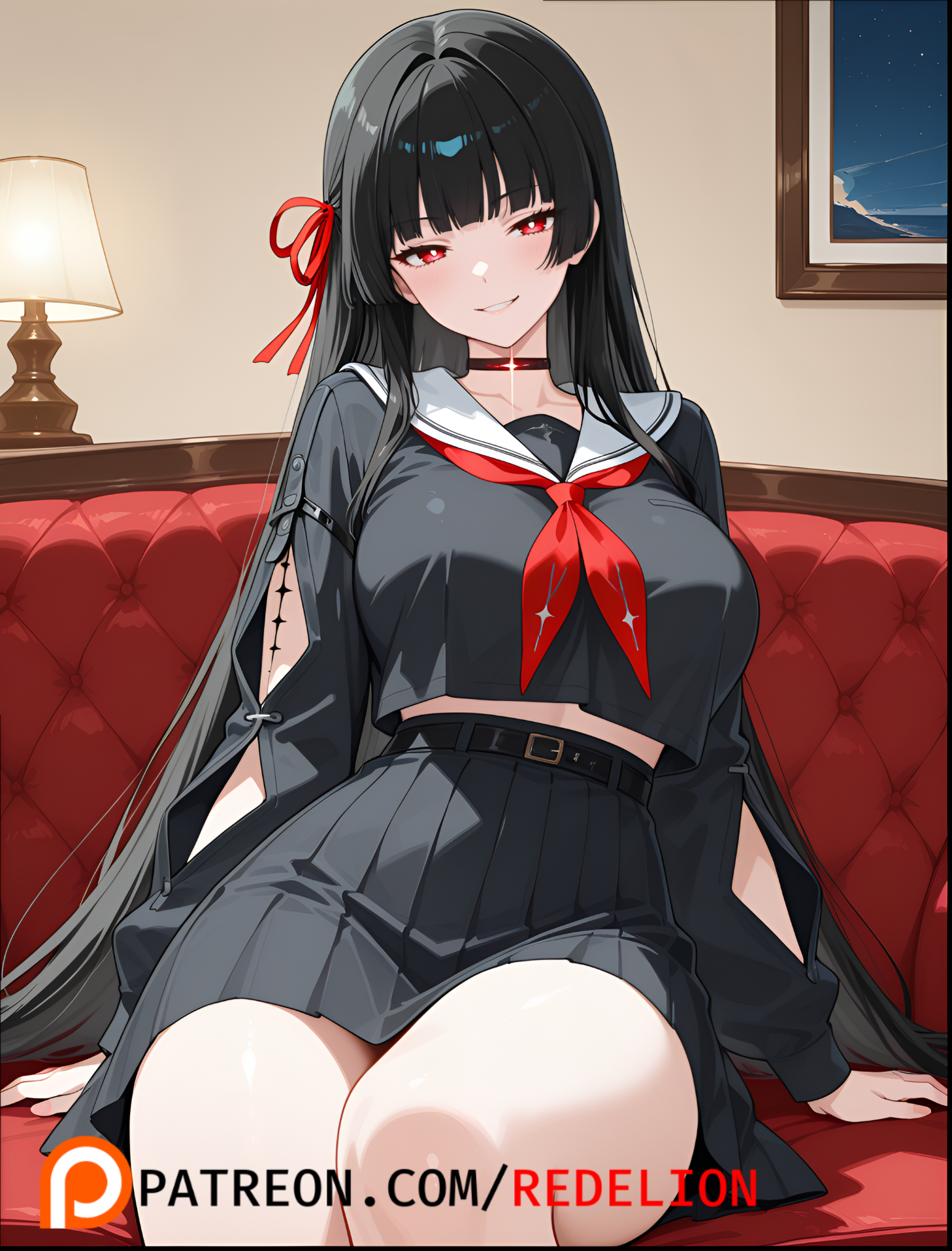 1girls, ai generated, black hair, black skin, chisa (wuthering waves), choker, clothed, clothing, collarbone, couch, crossed legs, female, female focus, glistening, glistening body, glistening eyes, glistening skin, grin, indoors, lamp, legs, legs together, light skin, light-skinned female, long hair, looking at viewer, necktie, red eyes, redelion, sailor collar, seductive, seductive eyes, seductive gaze, seductive look, seductive mouth, seductive pose, seductive smile, shirt, sitting, sitting on couch, skirt, slim waist, smirk, straight hair, tacet mark (wuthering waves), teenage girl, teenager, thick, thick hips, thick legs, thick thighs, uniform, waist, white pupils, wuthering waves