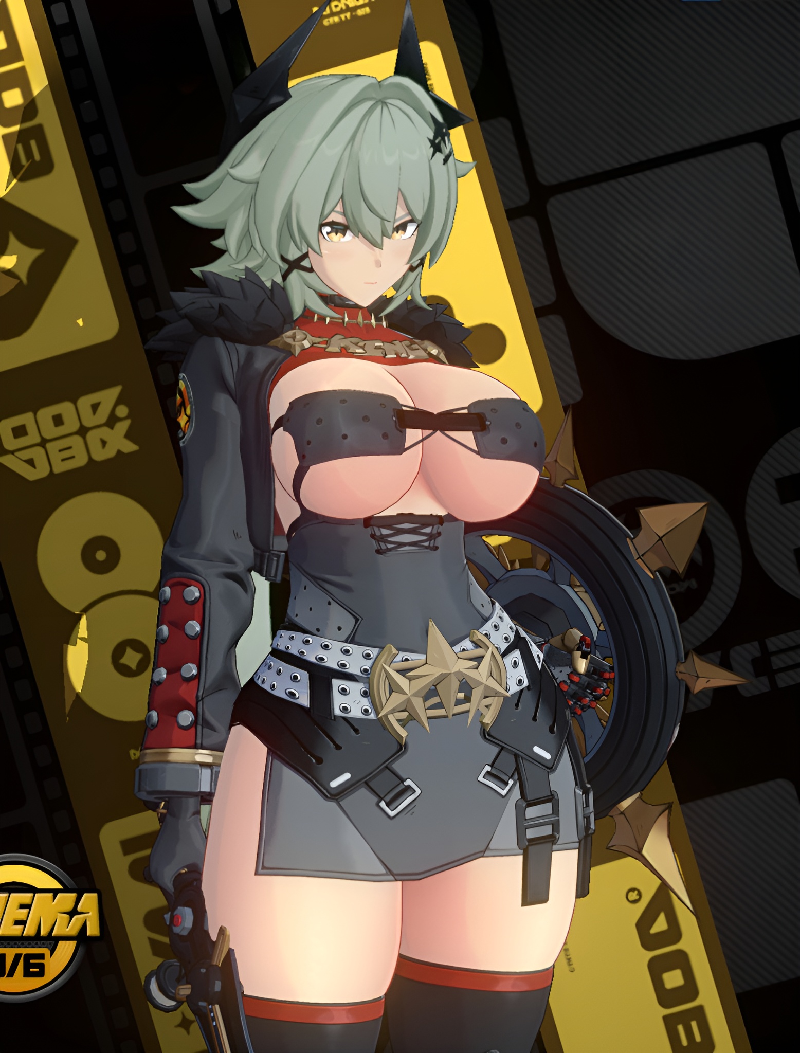 1girls, absurd res, big breasts, breasts, breasts bigger than head, caesar king, clothed, female, female focus, female only, game, gigantic breasts, green hair, hazeker, huge breasts, light-skinned female, mod, plump thighs, shield, solo, thick thighs, yellow eyes, zenless zone zero