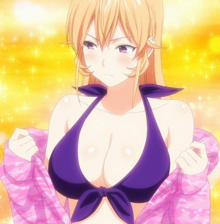 1girls, alluring, bikini, blonde hair, blonde-haired female, female, nakiri erina, purple eyes, screencap, shokugeki no souma, swimsuit, tagme