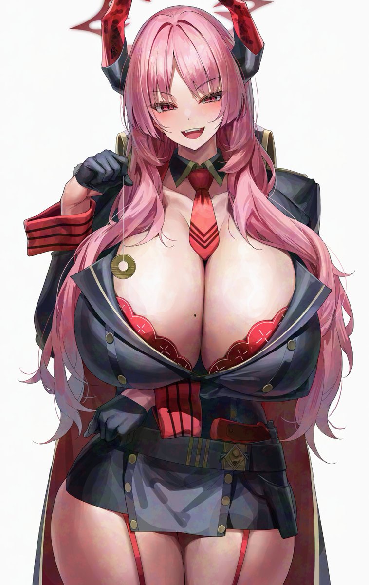 1girls, artist request, big breasts, blue archive, bra outline, breast exposed, coin on string, female, female only, garter belt, gehenna academy student, halo, horns, hypnosis, military uniform, mole on breast, pink hair, satsuki (blue archive), stockings, tie between breasts, uniform