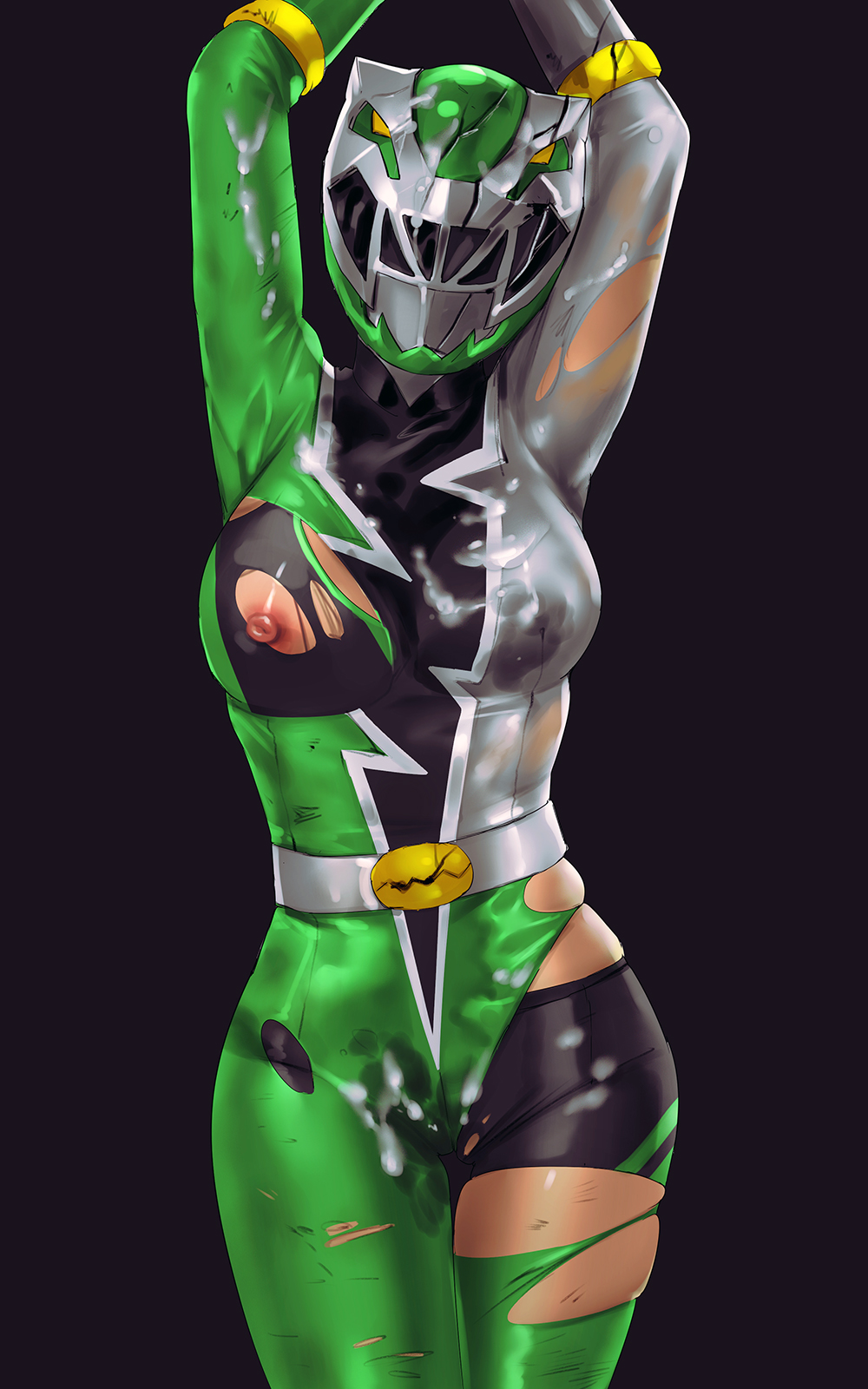 areolae, breasts, cum, cum on body, cum on breasts, cum on helmet, green ranger, helmet, izzy garcia, kishiryu sentai ryusoulger, lardral, nipples, power rangers, power rangers dino fury, ripped clothing, super sentai, superheroine, torn clothes