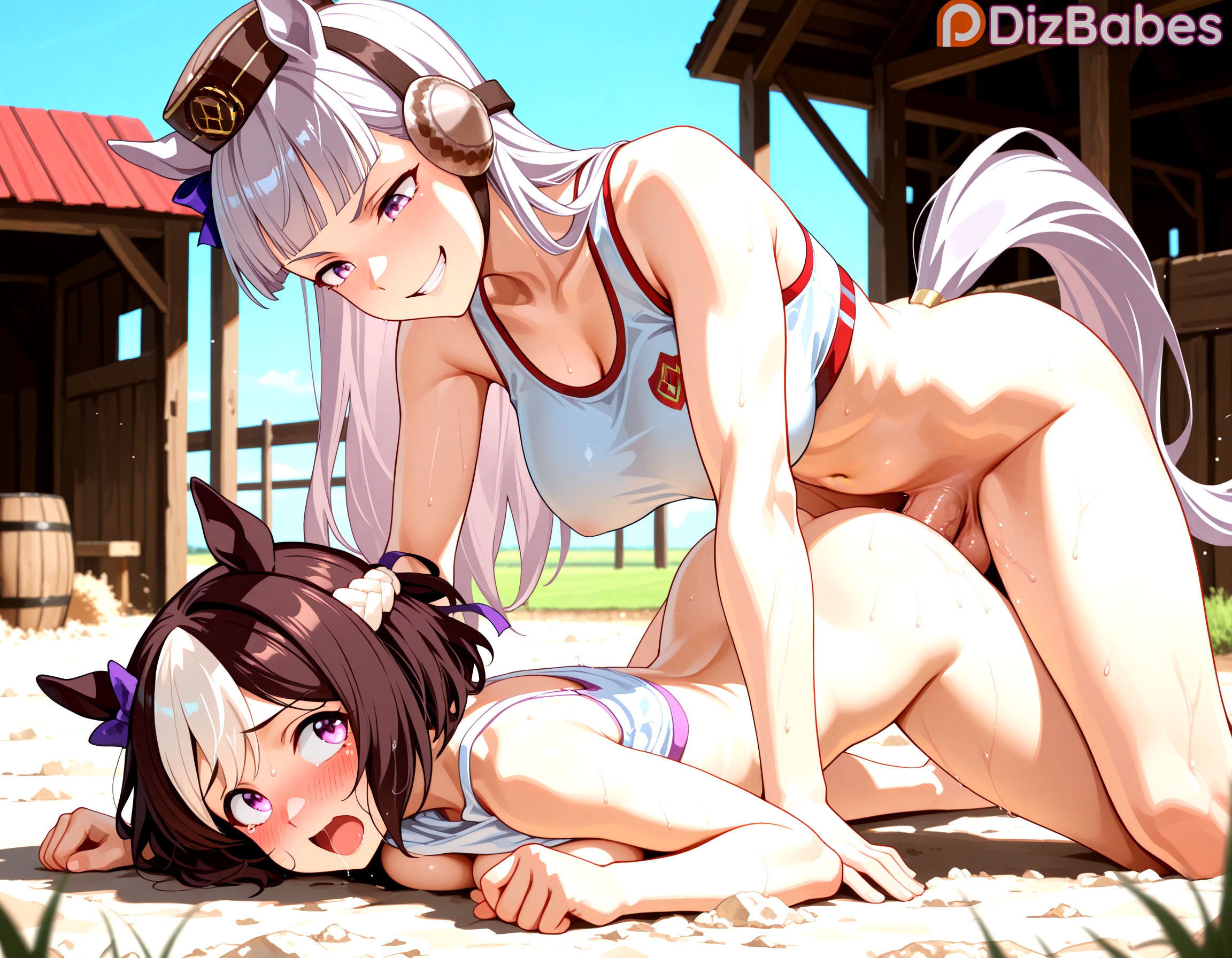 1futa, 1girl1futa, ai generated, ass up, blush, dizbabes, doggy style, female, futa on female, futanari, gold ship (umamusume), horse girl, looking at partner, looking back, open mouth, outdoors, sex, sex from behind, special week (umamusume), stable diffusion, top-down bottom-up, umamusume, umamusume pretty derby, vaginal penetration