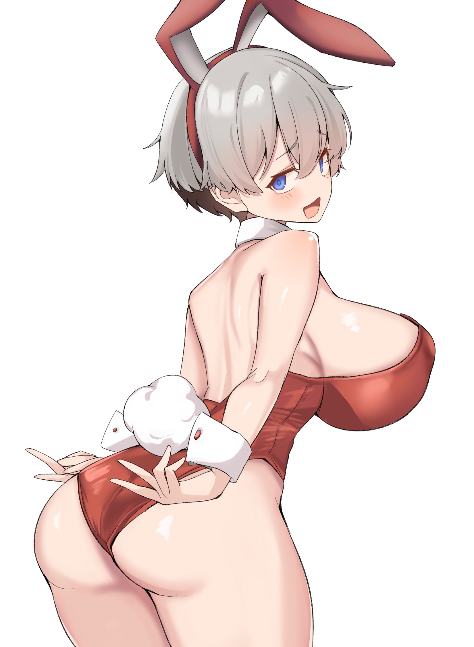 1girls, adult, adult female, ass, ass cleavage, ass crack, back, backboob, bare arms, bare back, bare hands, bare hips, bare legs, bare shoulders, bare skin, bare thighs, big breasts, blue eyes, blue-eyed female, blush, blush face, blushing at viewer, blushing female, blushing lines, bunny ears, bunny tail, bunnygirl, bunnygirl outfit, bunnysuit, busty, busty female, busty girl, collar, curvaceous, curvaceous body, curvaceous female, curvaceous figure, curvaceous hips, curvaceous thighs, curvy, curvy body, curvy female, curvy figure, curvy hips, curvy thighs, exposed arms, exposed back, exposed hips, exposed legs, exposed shoulders, exposed skin, exposed thighs, eyebrows visible through hair, female, female only, gluteal fold, gogoborunga, grey eyebrows, grey hair, grey-haired female, huge boobs, huge breasts, inframammary fold, large boobs, large breasts, leotard, looking back, looking back at viewer, mature, mature female, median furrow, nervous, nervous expression, nervous face, nervous female, nervous smile, nipple bulge, open mouth, open mouth smile, parted lips, pixie cut, plump breasts, red bunny ears, red bunnysuit, red hairband, red leotard, red topwear, shoulder blades, shy, shy expression, shy female, shy girl, shy smile, smile, smiley face, smiling, smiling at viewer, thick ass, thick butt, tongue, topwear, uzaki hana, uzaki-chan wa asobitai!, very short hair, white collar, white wrist cuffs, wrist cuffs