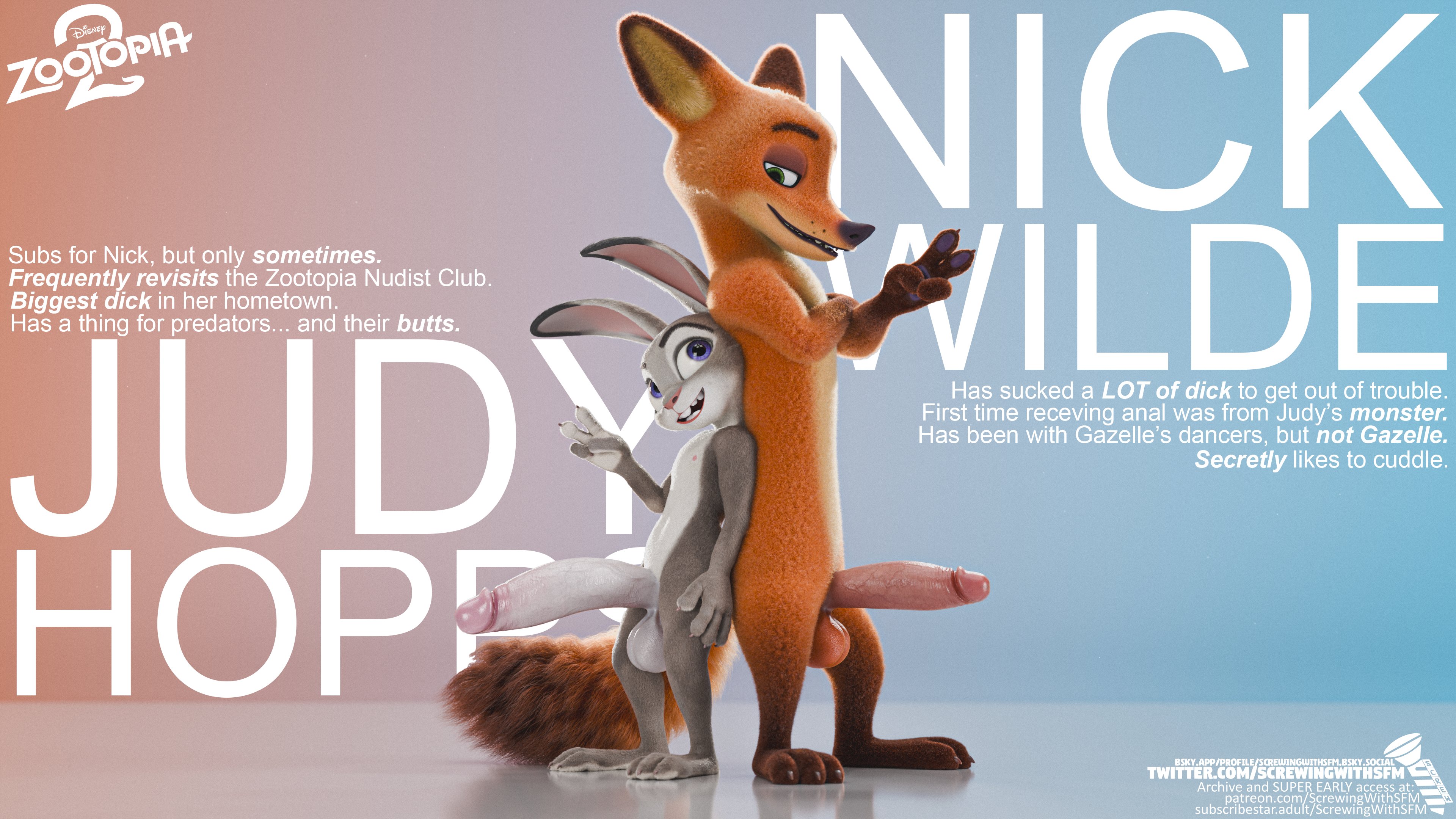 1futa, 1male, 3d, 3d (artwork), anthro, back to back, blender (software), fox, furry, futa is bigger, grey fur, judy hopps, nick wilde, orange fur, predator, prey, rabbit, screwingwithsfm, smile, text, zootopia