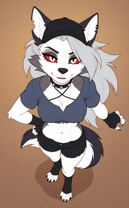 1girls, abs, big breasts, clothed, clothing, color, female, female focus, female only, fit female, furry, furry female, hat, hellhound, helluva boss, hi res, large breasts, long hair, looking at viewer, loona (helluva boss), red eyes, solo, solo female, tagme, thick thighs, white hair, wolf, wolf ears, wolf girl, wolf tail