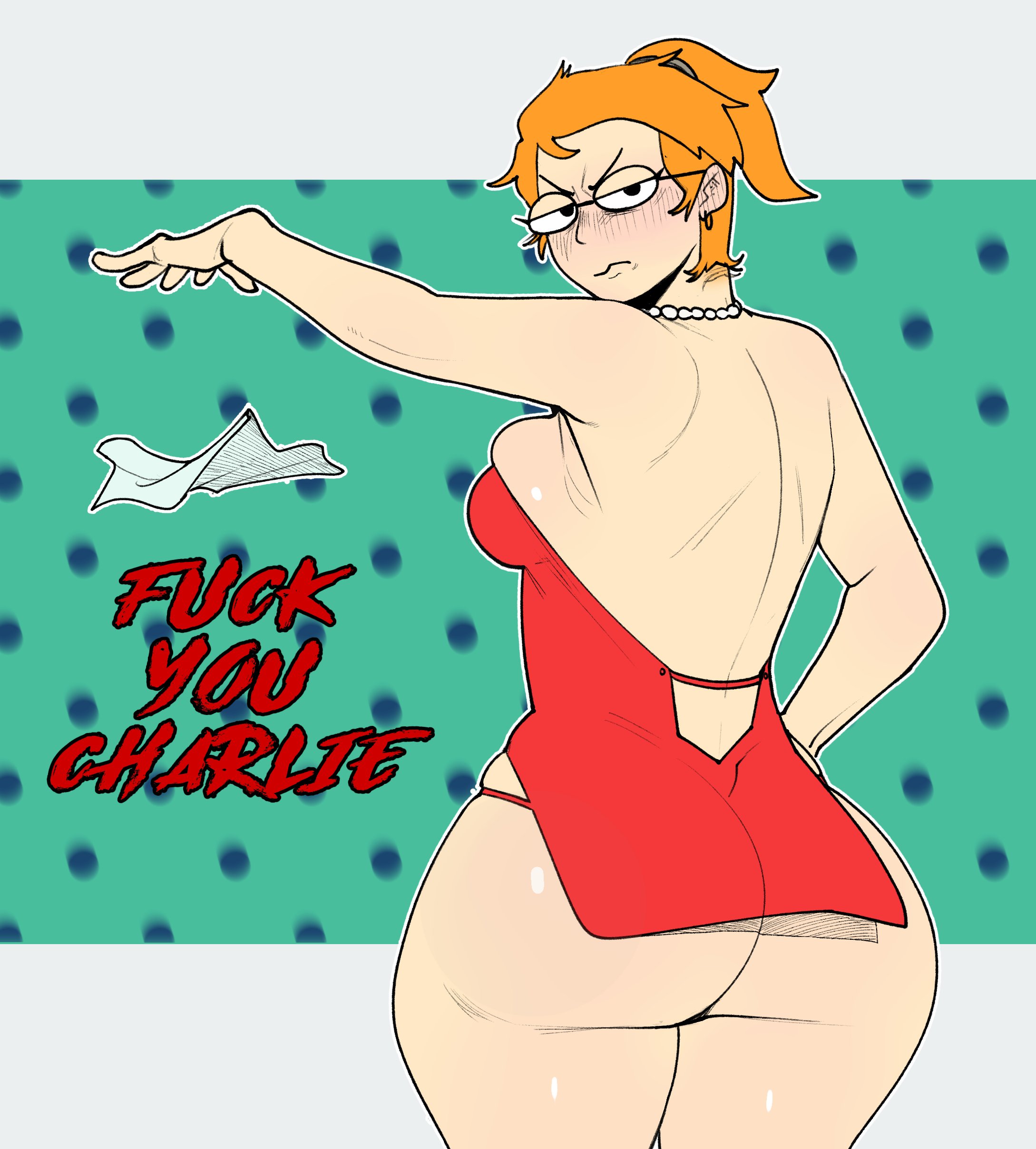 1girls, ass, ass too big, back view, barely contained, barely contained ass, big ass, big breasts, big thighs, blush, breasts, clothed, clothing, dialogue, dress, female, freckles, gigantic ass, gigantic thighs, girlfriend, glasses, huge ass, huge breasts, huge thighs, looking back, orange hair, ponytail, red dress, reder, smiling friends, text, thick thighs, thighs, tight dress, tight fit, too tight, undersized clothes, undersized clothing, zoey (smiling friends)