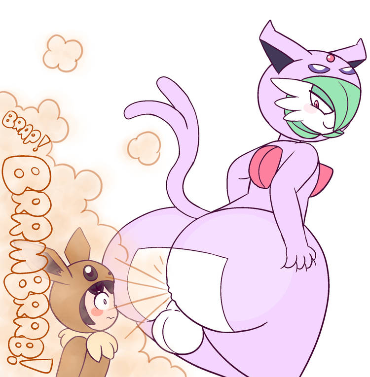 2d, ambiguous gender, ass, balls, ballsack, big ass, cosplay, drawful-s, eevee (cosplay), espeon (cosplay), facefart, fart, fart cloud, fart fetish, farting, farting in face, farting on another, femboy, gardevoir, hand on ass, huge ass, looking back, male, male fart, male gardevoir, nintendo, onomatopoeia, poke kid (pokemon), pokemon, pokemon (species), simple background, standing, tagme, thick ass, thick thighs