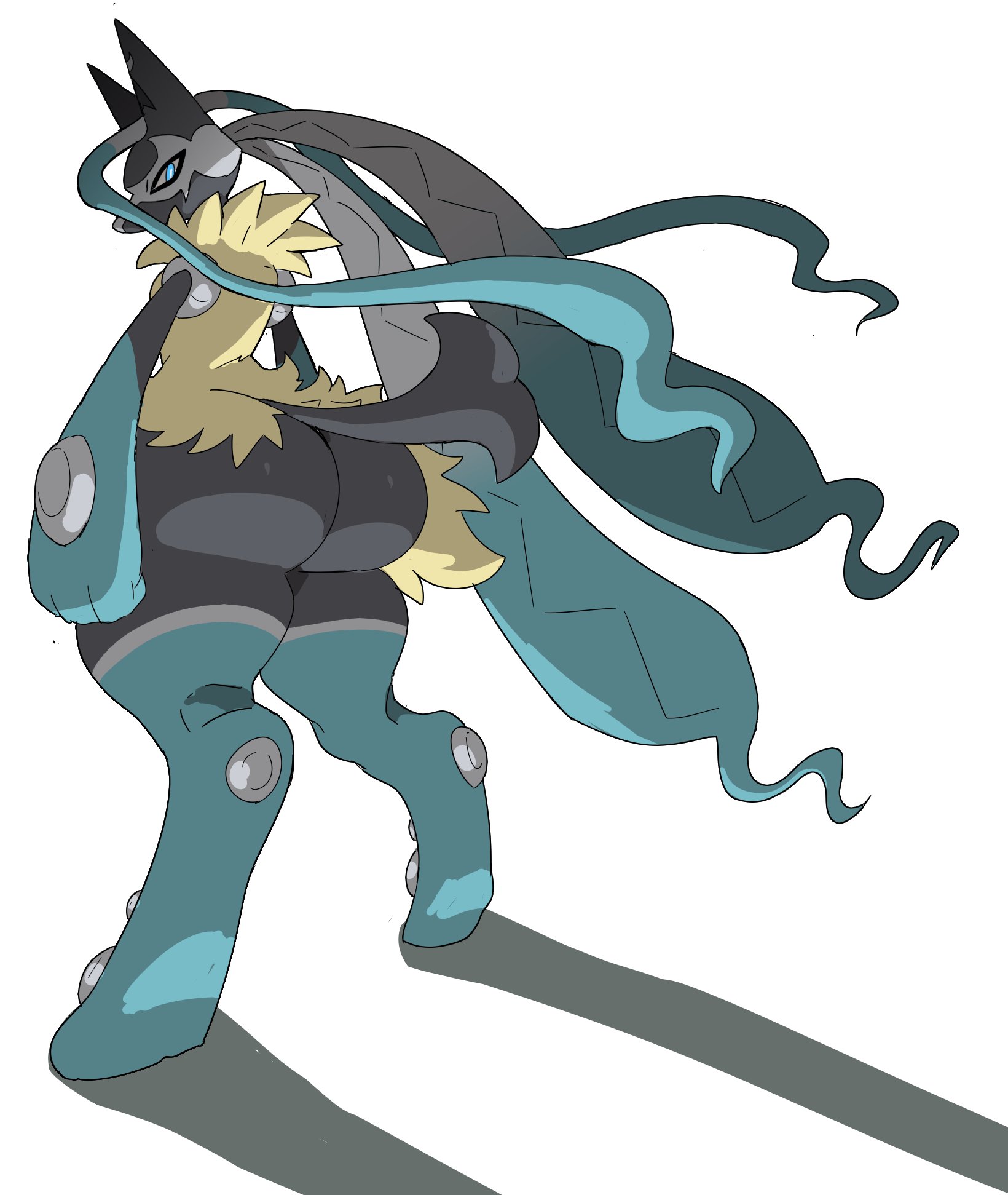 back view, big ass, cyberlord1109, glitchlord8391, looking back at viewer, lucario, mega lucario z, pokemon, pokemon (species), shadow, thick thighs, ts so tuff