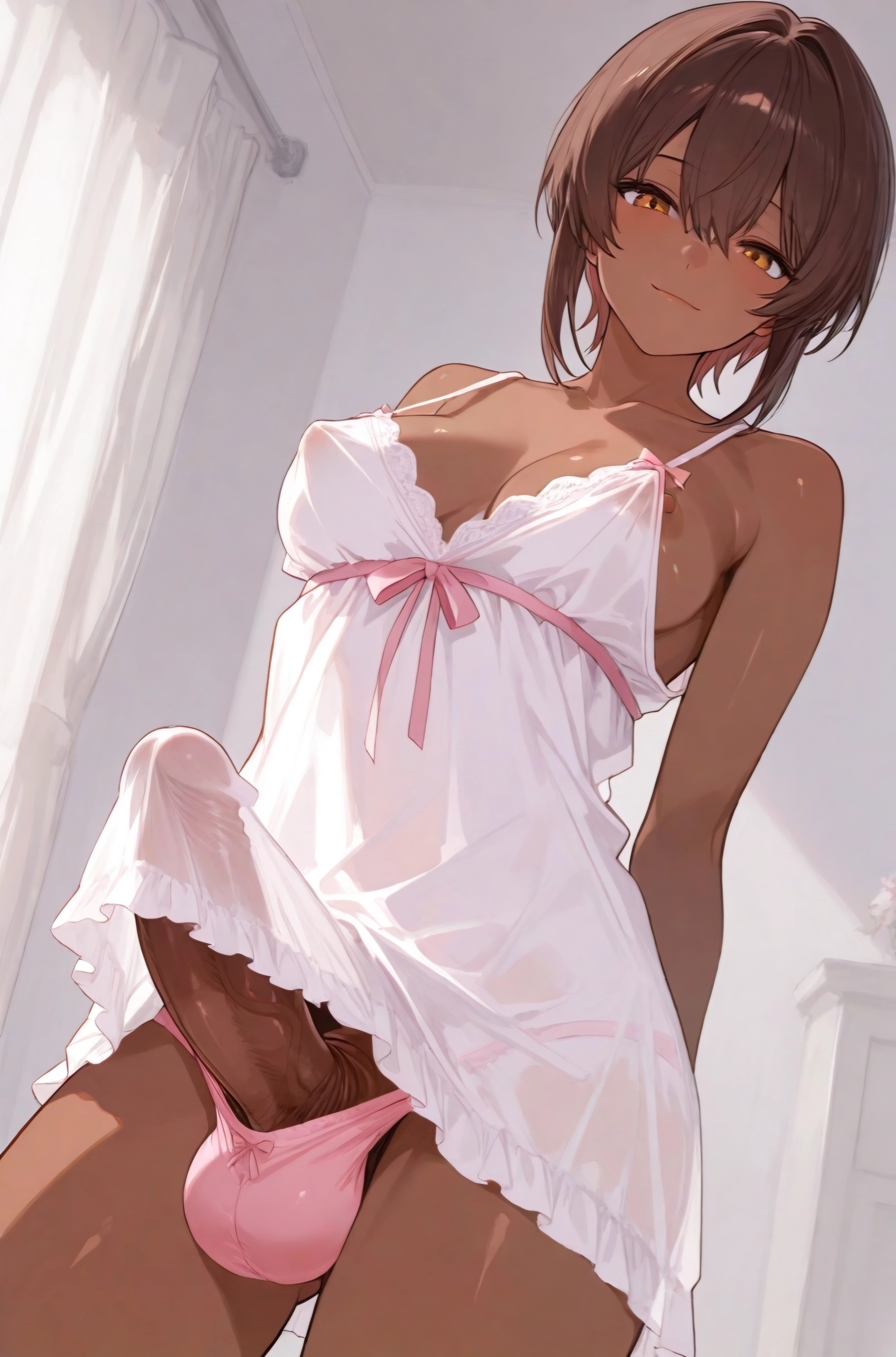 ai generated, big cock, big penis, brown skin, dark skin, futa only, futanari, looking down at viewer, nightgown, nipple slip, pink panties, windblast