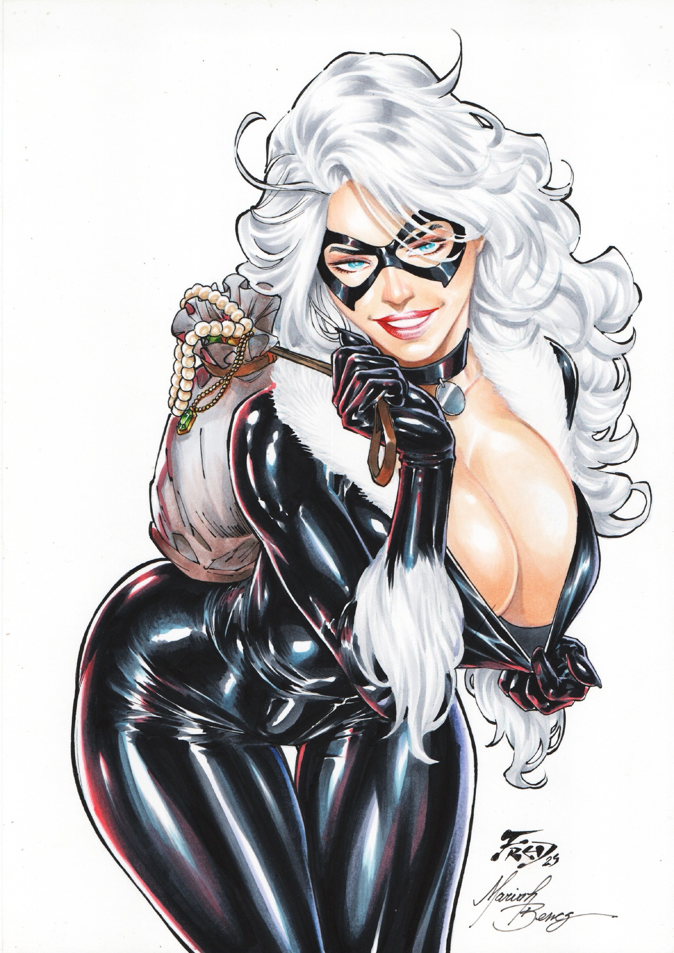 1girls, 2025, alluring, big breasts, black cat (marvel), blue eyes, bodysuit, breasts, bursting breasts, catsuit, choker, cleavage, collar, color, colored, curvaceous, curvaceous body, curvaceous female, curvaceous figure, curvaceous hips, curvy, curvy body, curvy female, curvy figure, curvy hips, domino mask, ed benes studio, enticing, eyelashes, eyemask, felicia hardy, female, fred benes, hips, huge breasts, large breasts, light skin, light-skinned female, looking at viewer, marvel, marvel comics, mask, masked, masked female, massive breasts, money bag, necklace, pearl necklace, pinup, red lipstick, seducing, seductive, seductive look, shiny, shiny clothes, showing breasts, skin tight, smile, smiling, smiling at viewer, spider-man (series), superheroine, teasing, teasing viewer, temptation, tempting, tempting viewer, thick, thick breasts, thick hips, thick thighs, thief, tight clothes, tight clothing, voluptuous, voluptuous female, white background, white fur, white hair, wide hips