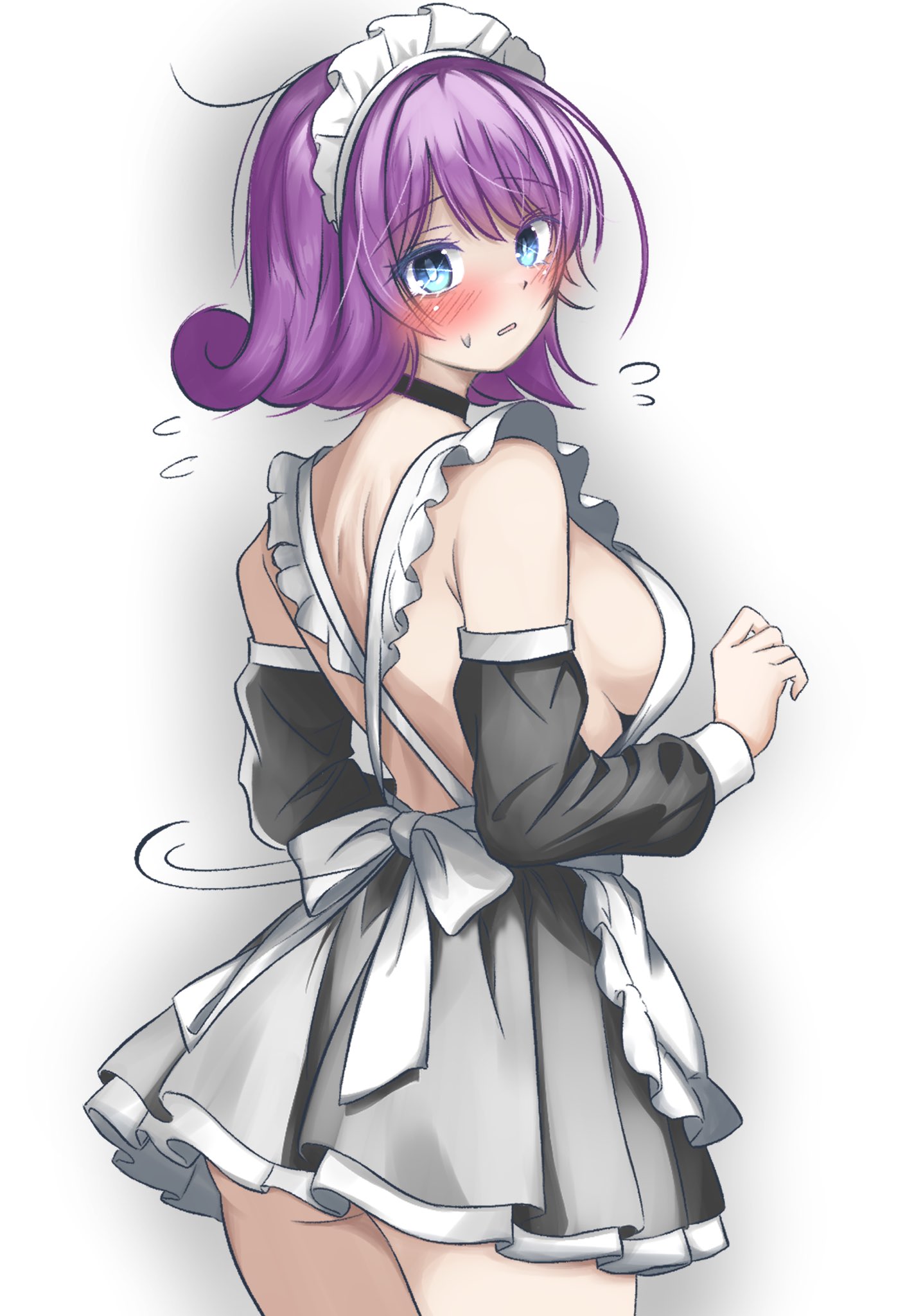 1girls, bare legs, big breasts, blue eyes, blush, bow, choker, clash (series), clash royale, clothed, female, female only, good girl, haruse cr, high quality, imminent kiss, maid, maid apron, maid headdress, maid outfit, maid skirt, maid uniform, musketeer (clash royale), purple hair, short hair, shy, sideboob, sleeves, supercell, suprised, turned around