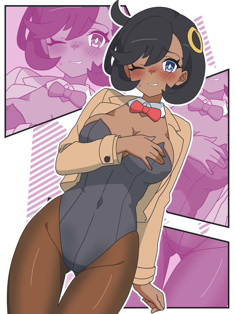 alternate costume, black hair, black leotard, black pantyhose, blue eyes, blush, bow, bowtie, breasts, brown jacket, bunnysuit, cleavage, commentary request, covered navel, dark skin, dark-skinned female, detached collar, emma (pokemon legends: z-a), emma (pokemon), female, game freak, hair ornament, highres, jacket, kanbei (pixiv11037490), large breasts, leotard, looking at viewer, matiere (pokemon legends: z-a), matiere (pokemon), nervous, nervous smile, nintendo, one eye closed, open clothes, open jacket, pantyhose, parted lips, pokemon, pokemon legends: z-a, red bow, red bowtie, short black hair, short hair, smile, sweatdrop
