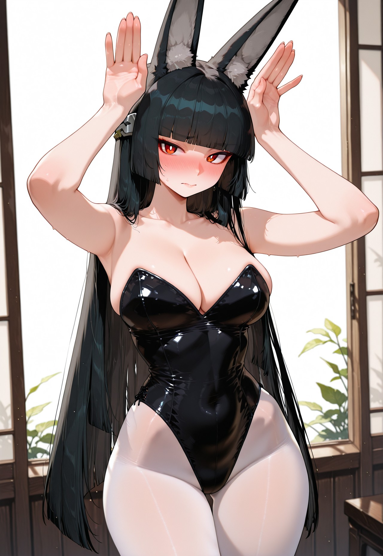 1girls, ai generated, animal ears, bunnysuit, embarrassed, hoshimi miyabi, looking at viewer, red eyes, solo, solo female, solo focus, standing, white legwear, zenless zone zero
