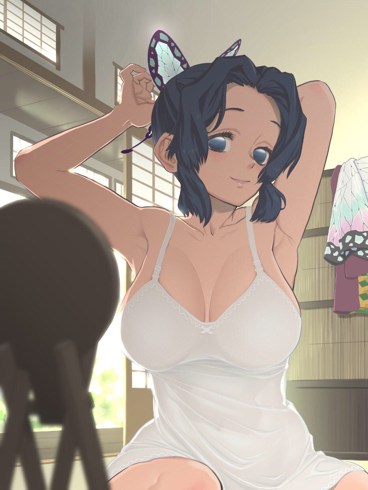1girls, adjusting hair, alternate costume, armpits, arms up, big breasts, blue eyes, blue hair, breasts, busty, butterfly, butterfly hair ornament, cleavage, curvaceous, curvy, demon slayer, detached sleeves, detailed background, female, female only, hi res, japanese clothes, kimetsu no yaiba, kimono, kochou shinobu, looking at viewer, mirror, nightgown, solo, yy-66