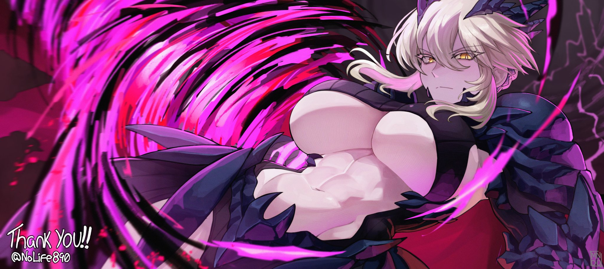 1girls, abs, artoria pendragon, artoria pendragon (lancer alter), athletic female, blonde hair, fate (series), fate/grand order, fit female, hourglass figure, large breasts, mendo0821, muscular female, navel, pale-skinned female, slim waist, solo, wide hips, yellow eyes