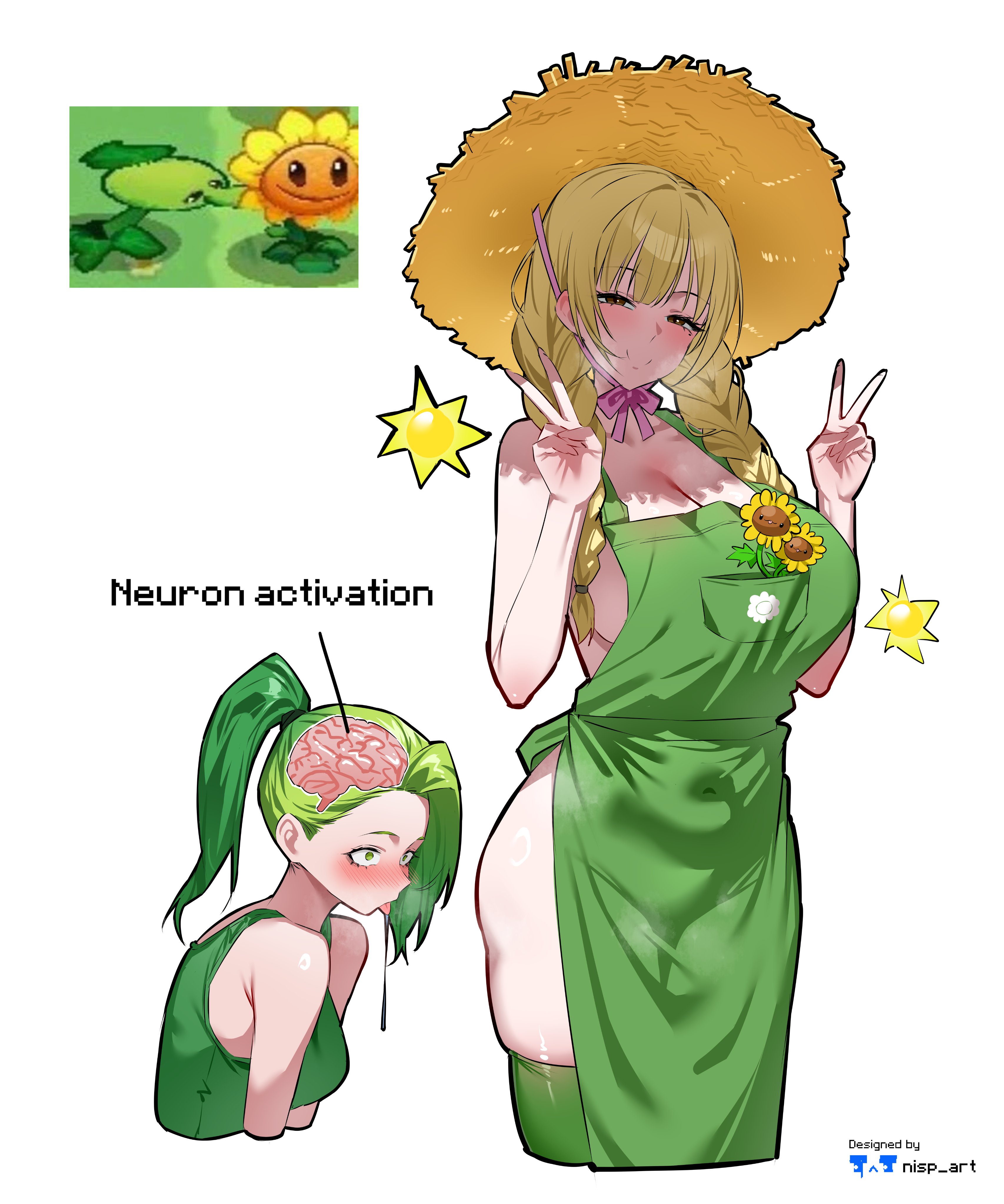 1girls, 2girls, apron, ass, ass awe, belly button visible through clothing, big breasts, blush, breasts, cleavage, clothed, double peace sign, double v, drooling, female, flora fauna, green hair, human, humanized, lesbian thoughts, meme, naked apron, navel visible through clothes, neuron activation, neuron activation (meme), nisp art, peace sign, peashooter (pvz), plant, plant girl, plant humanoid, plantie, plants vs zombies, plants vs. zombies, ponytail, popcap games, pussy, red eyes, skindentation, staring at ass, staring at partner, steam, straw hat, sun (pvz), sunflower (pvz), text, thick ass, thick thighs, thighhighs, thighs, twin braids, twin sunflower (pvz), yuri