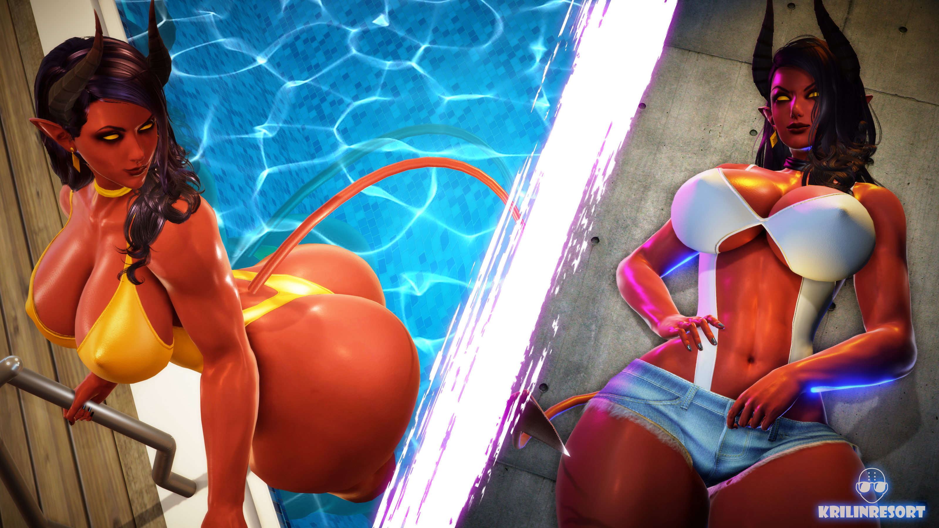 1girls, 3d, 3d (artwork), 3d model, 3d render, abs, ass, big ass, big breasts, black hair, booty, booty shorts, cleavage, demon, demon girl, demon horns, denim, denim bottomwear, denim shorts, dispatch (game), female, female only, hips, huge ass, krillinresort, large ass, large breasts, malevola gibb, nipple bulge, no pupils, pointed ears, pointy ears, pool, red body, red skin, swimming pool, swimsuit, swimwear, thick thighs, thighs, toned, toned body, toned female, toned stomach, underboob, wide hips, yellow eyes, yellow sclera