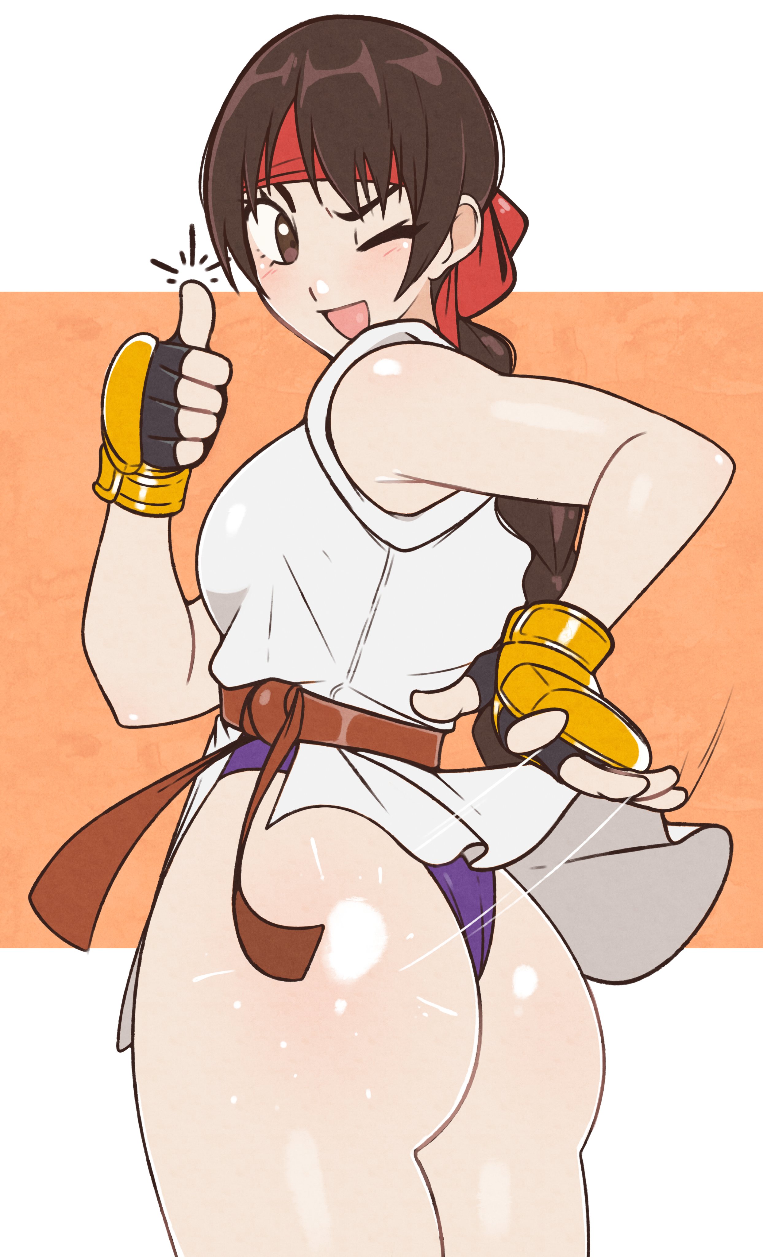 1girls, art of fighting, big ass, big breasts, braid, braided ponytail, brown eyes, brown hair, butt smack, clothed, clothed female, fat ass, from behind, grabbing ass, huge ass, jeffmiga, karate gi, king of fighters, light skin, light-skinned female, long hair, looking at viewer, looking back, no pants, one eye closed, pale skin, pale-skinned female, panties, ponytail, skirt, smile, smiley face, snk, spanking, standing, thick, thick ass, thick thighs, thighs, voluptuous, voluptuous female, wink, winking at viewer, yuri sakazaki