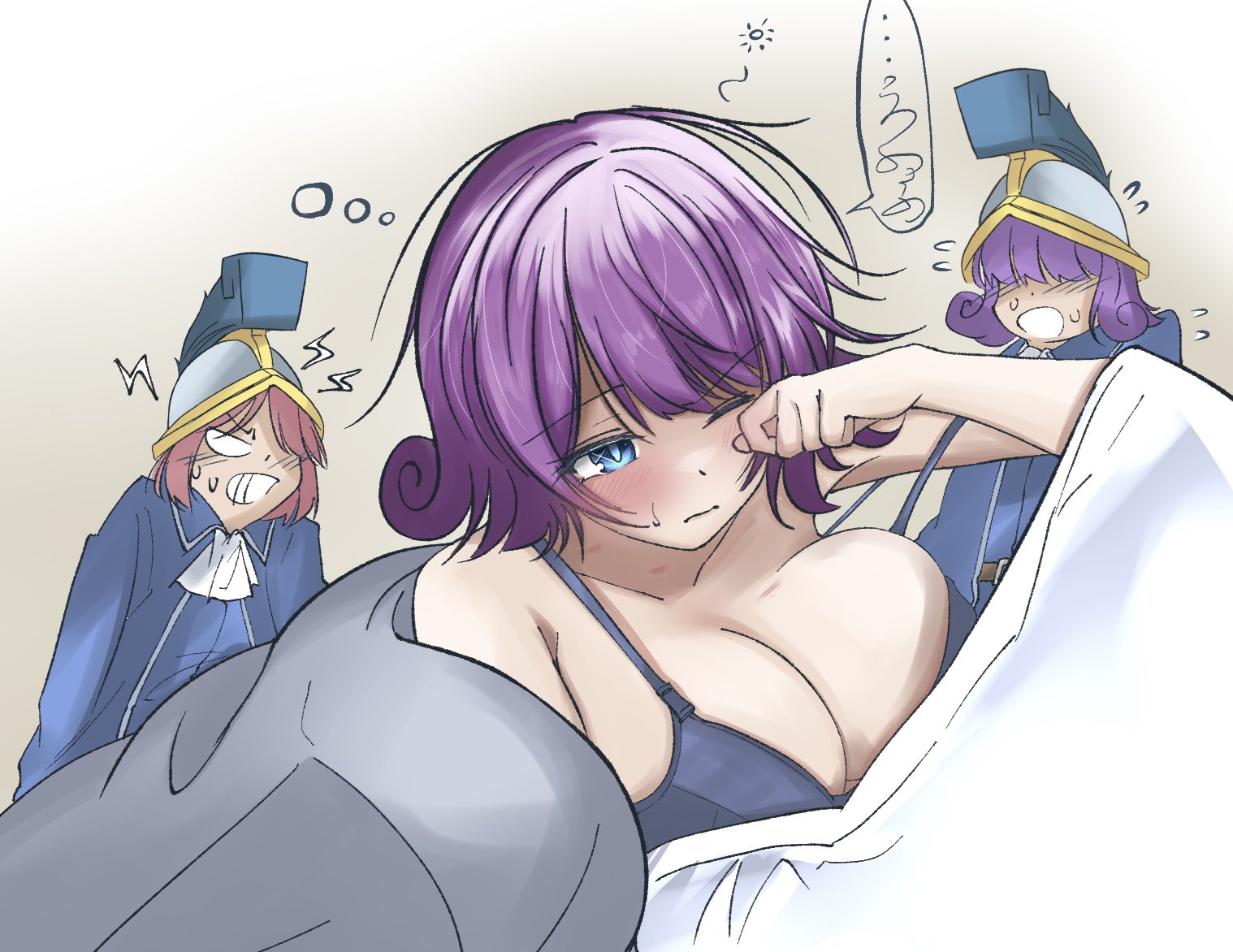 3girls, blush, clash (series), clash royale, cleavage, clothed, female, haruse cr, supercell, sweat, sweatdrop, three musketeers (clash royale)