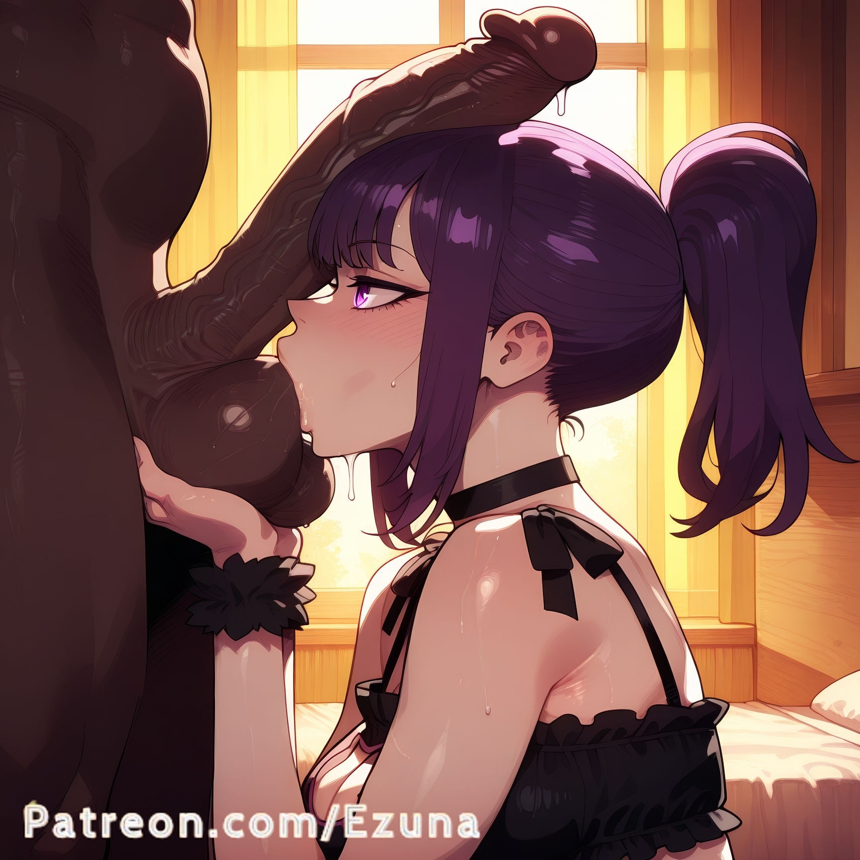 ai generated, bald, big ass, big balls, big breasts, big butt, big penis, big thighs, black lingerie, blush, cat lingrie, dark skin, dark-skinned male, ezuna, faceless male, huge ass, huge balls, huge breasts, huge butt, huge cock, huge thighs, lingerie, muscular, muscular male, penis awe, ponytail, purple eyes, purple hair, solo leveling, sucking testicles, sung jin-ah, wanuze, wide hips