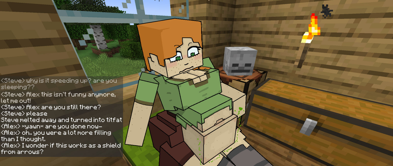 1girls, alex (minecraft), digestion, digestion noises, fatal vore, female, female pred, hyper, hyper belly, male prey, microsoft, minecraft, red hair, steve (minecraft), text, thiccydoofartz, vore, vore belly